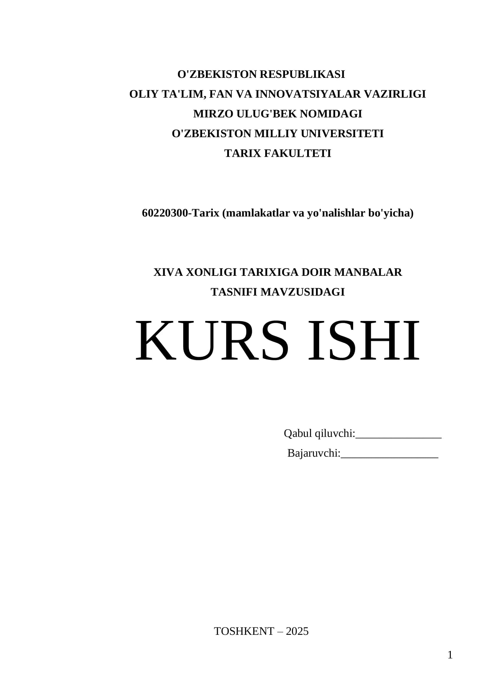 Xiva Xonligi Tarixiga Doir Manbalar Kurs Ishi 1
