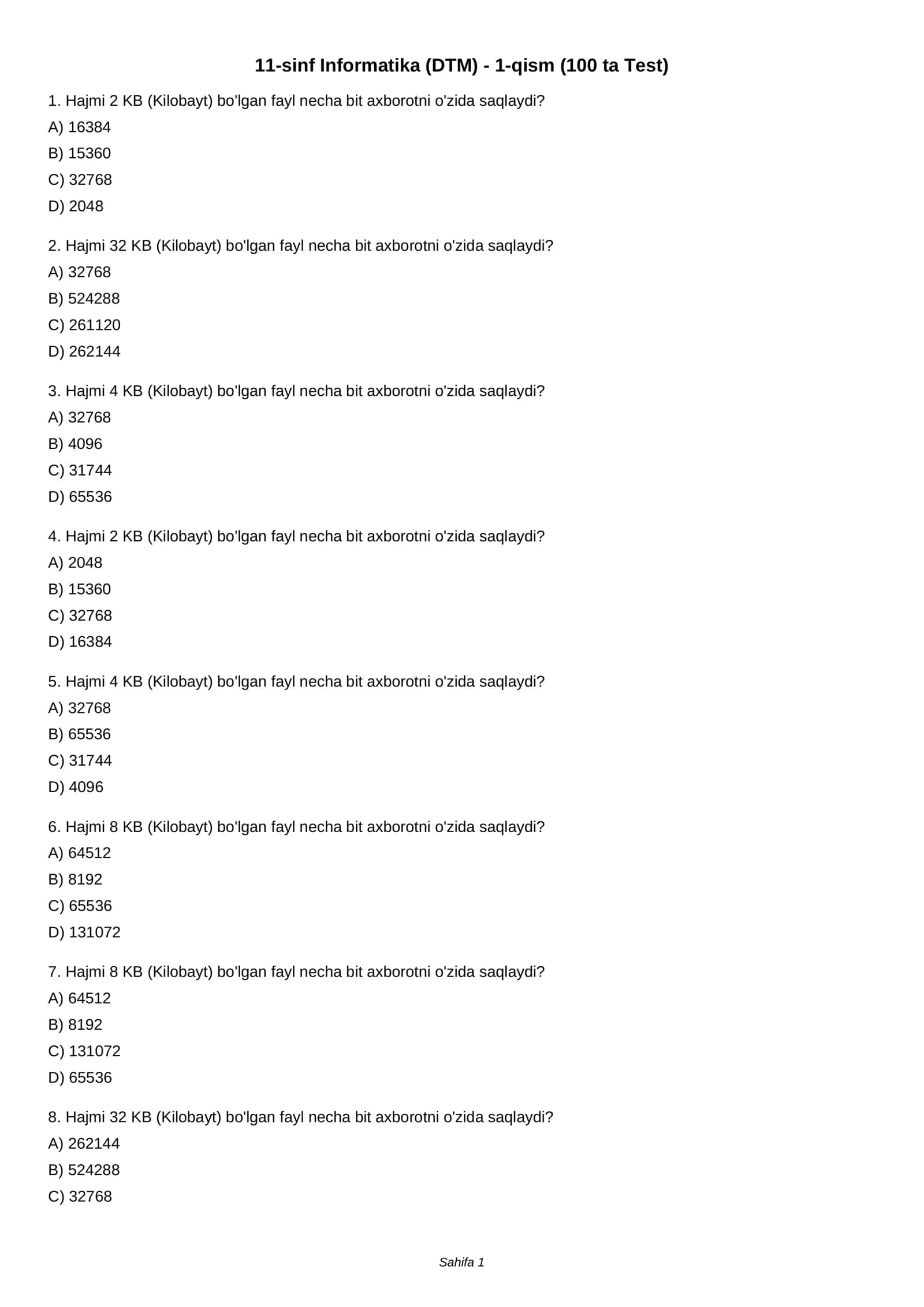11-sinf Informatika (DTM) - 1-qism (100 ta Test) 1