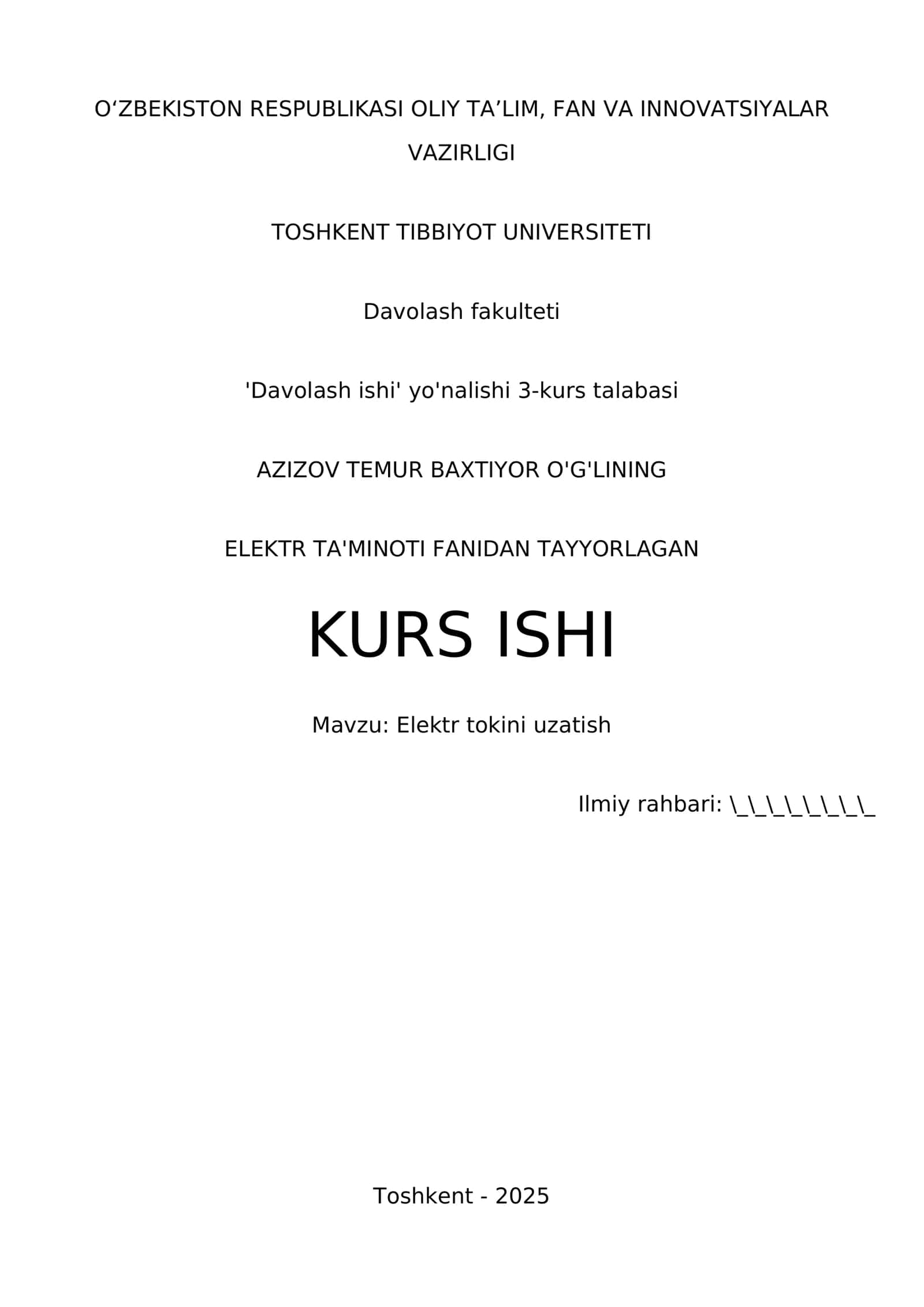 Elektr tokini uzatish kurs ishi 1