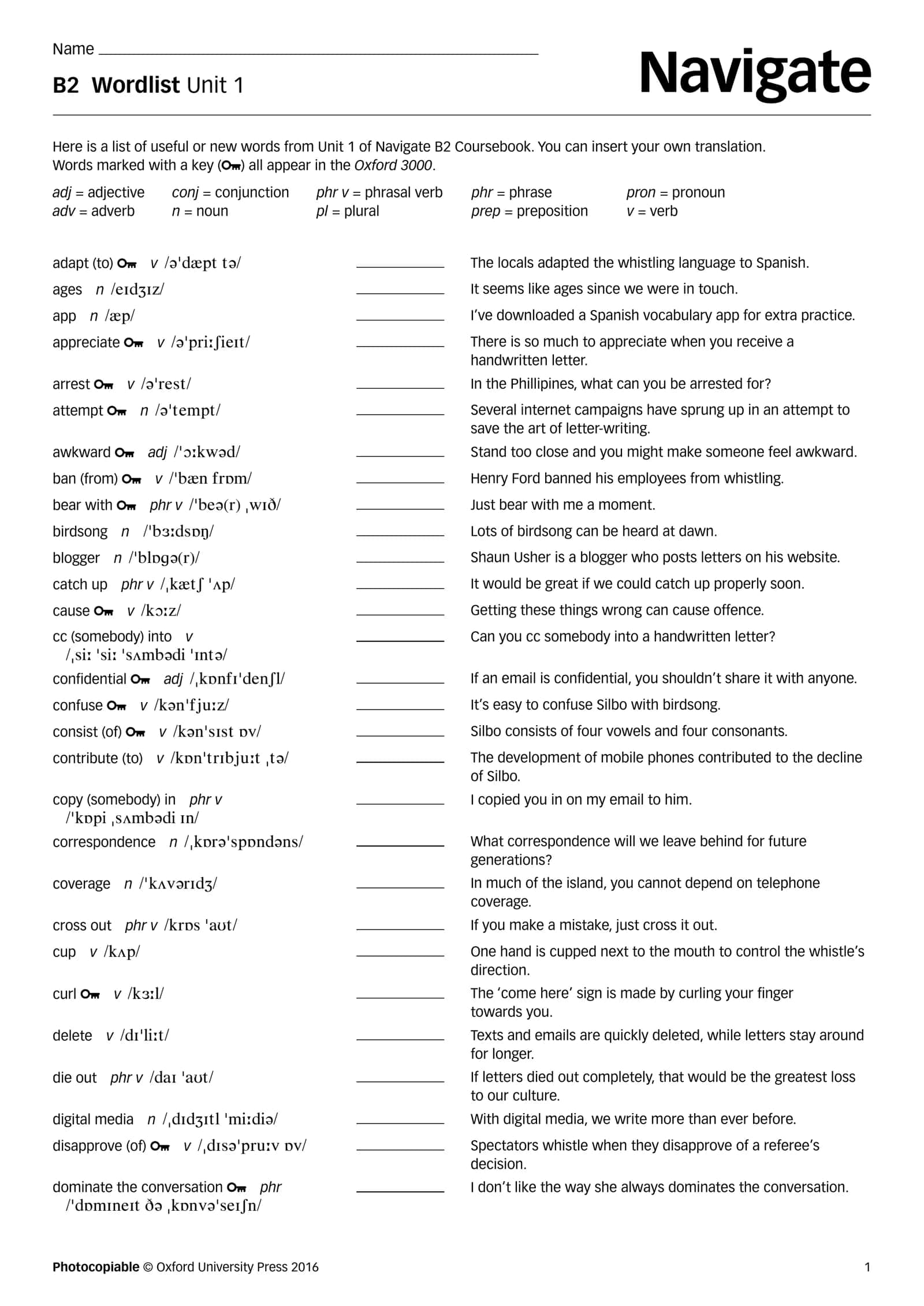 B2 Wordlist Unit 1 1