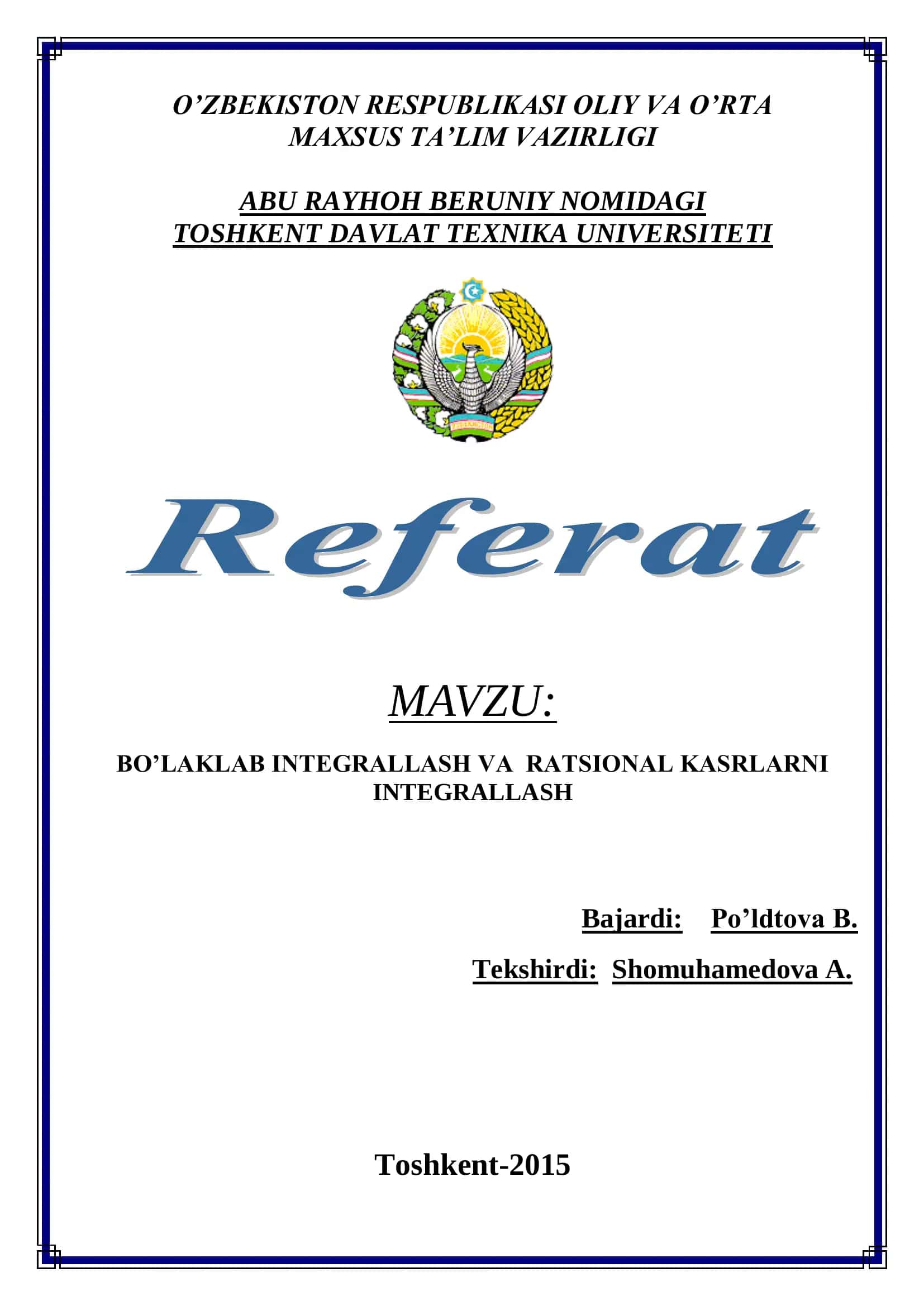 BO’LAKLAB INTEGRALLASH VA RATSIONAL KASRLARNI INTEGRALLASH 1