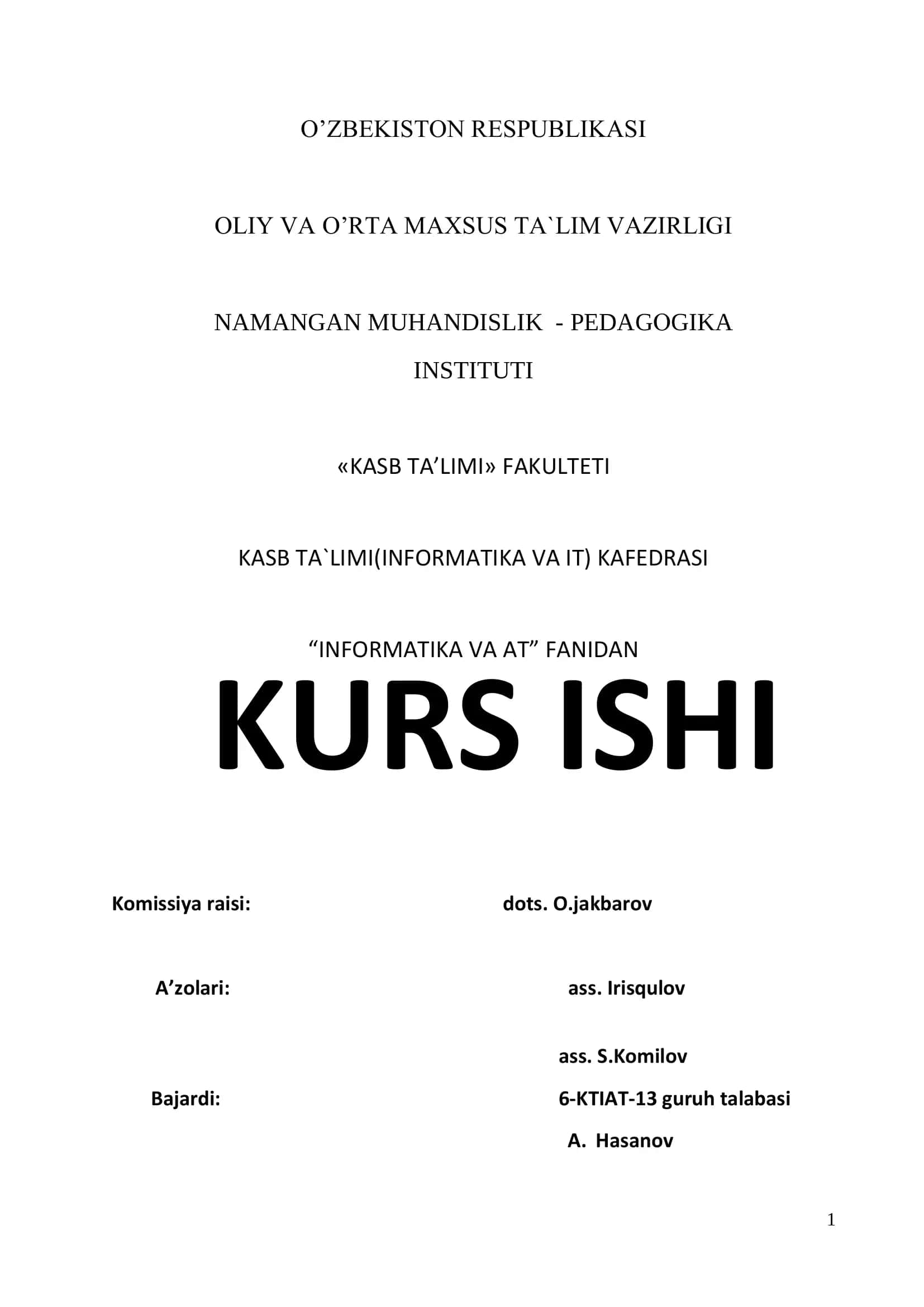 Kurs ishi "Informatika va axborot texnologiyalari" fani bo’yicha 1