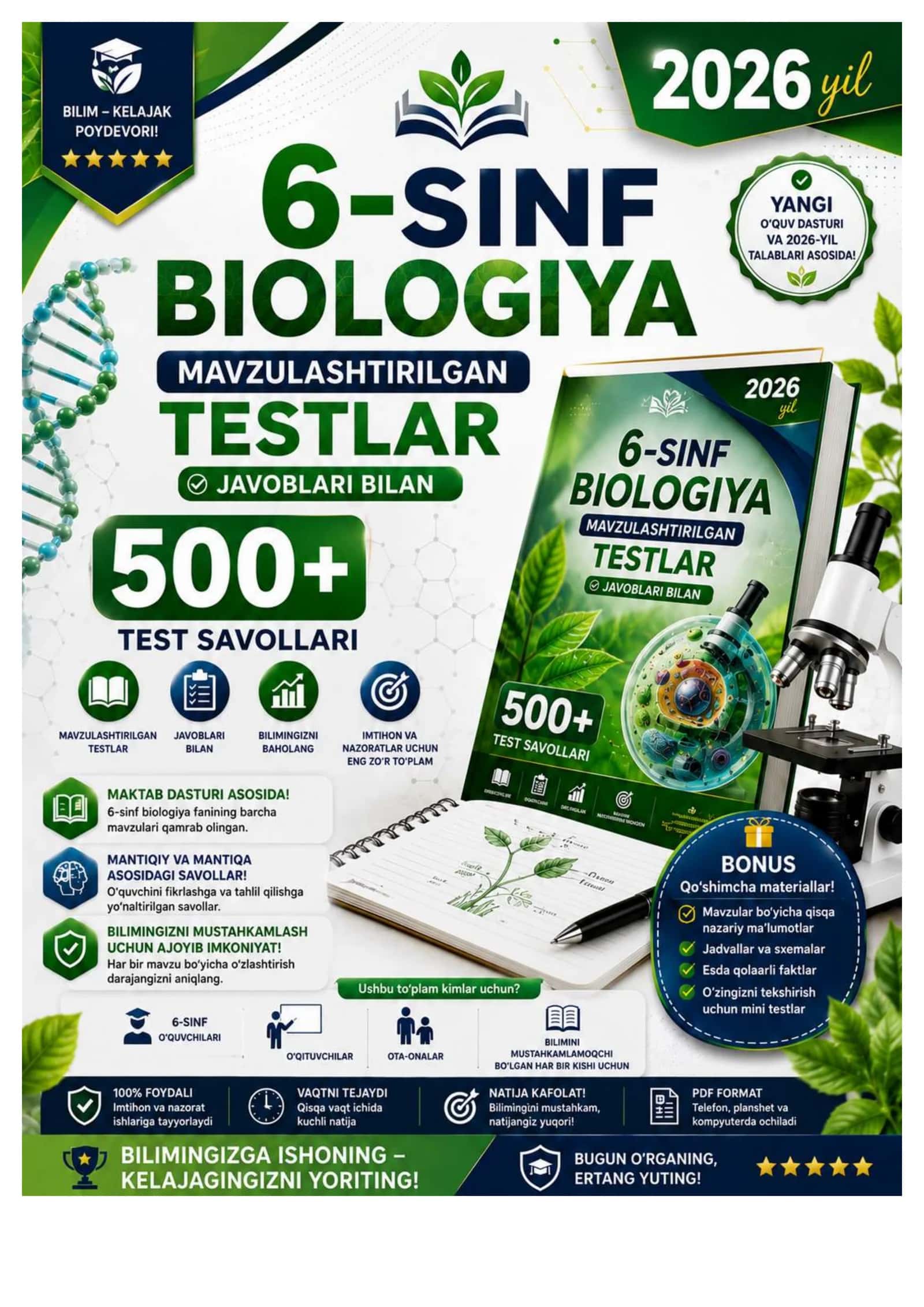 6-SINF BIOLOGIYA FANIDAN MAVZULASHTIRILGAN TESTLAR 500+ 2026 YIL 1
