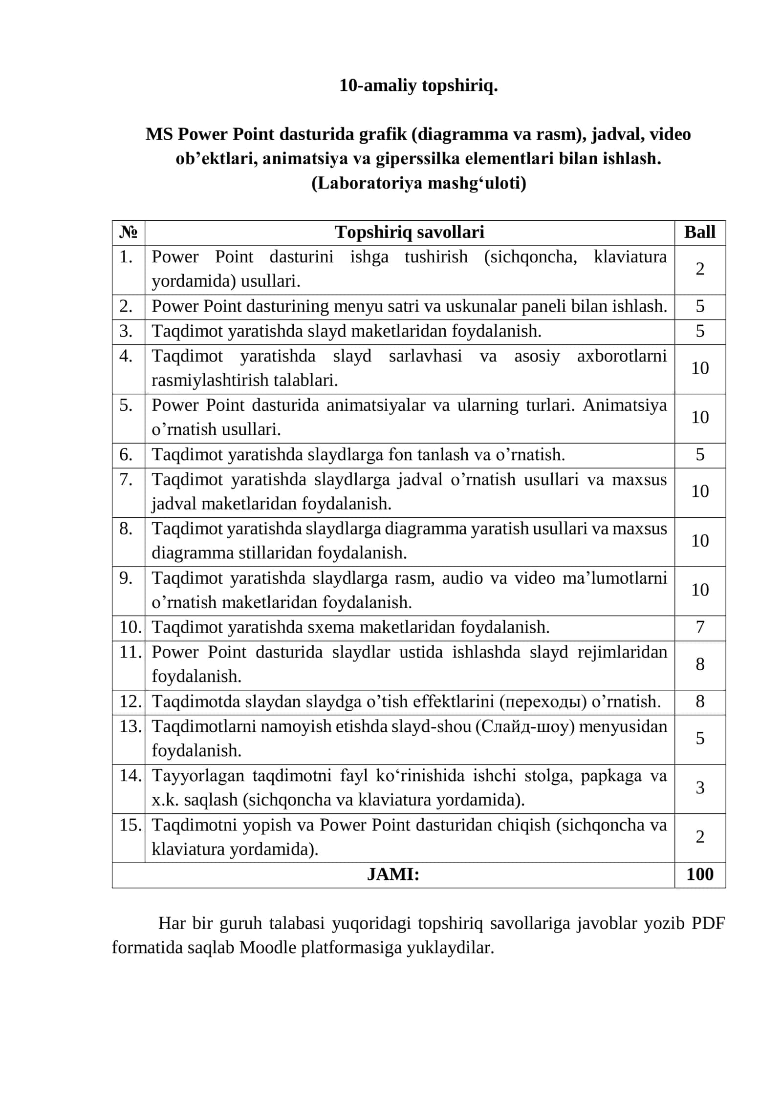 10-amaliy topshiriq. MS Power Point dasturida grafik (diagramma va rasm), jadval, video ob’ektlari, animatsiya va giperssilka elementlari bilan ishlash. (Laboratoriya mashg‘uloti) 1