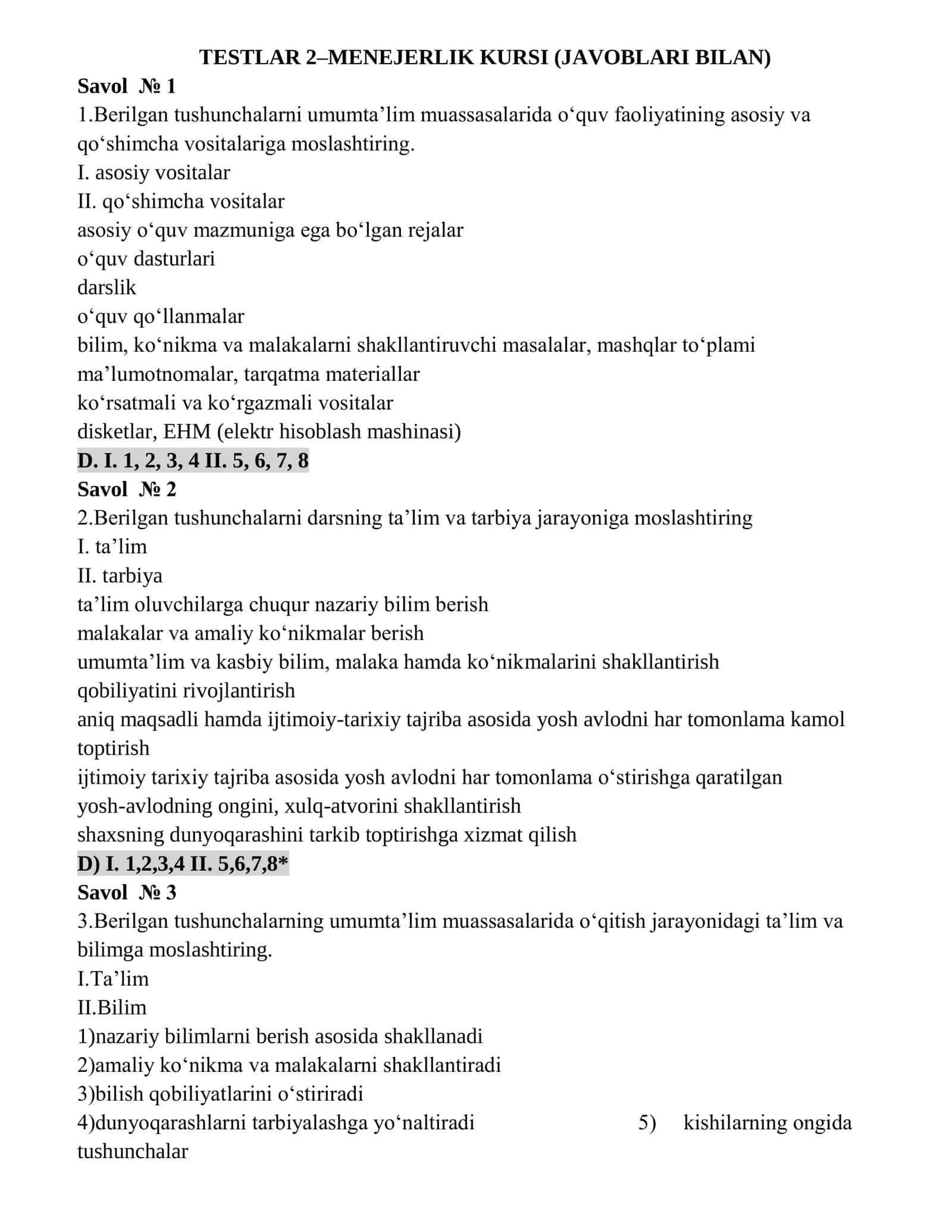 2-Testlar menejerlik (Javoblari bilan) 1
