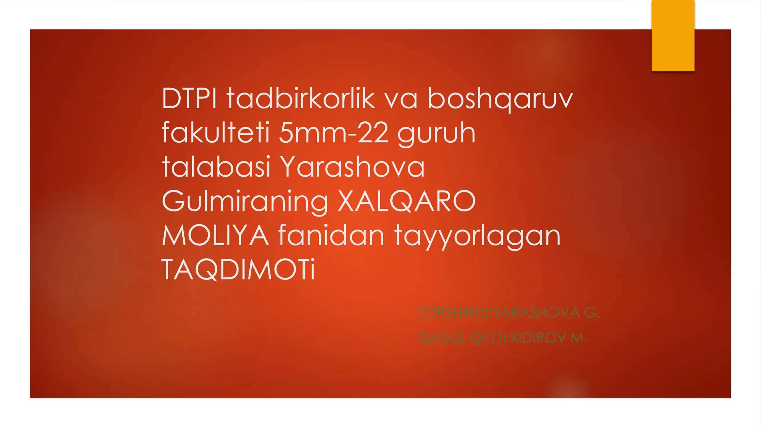 XALQARO MOLIYA fanidan TAQDIMOT 1