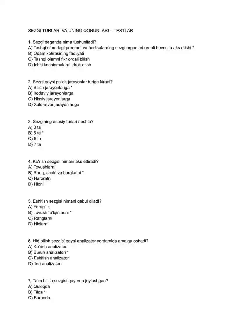 SEZGI TURLARI VA UNING QONUNLARI – TESTLAR