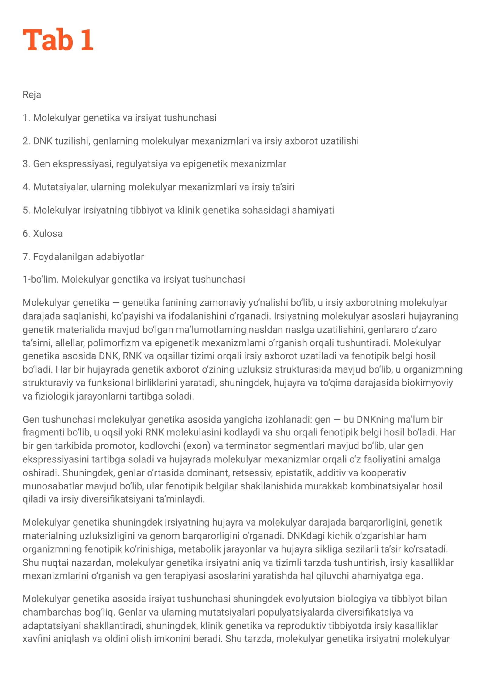 Molekulyar genetika va irsiyat tushunchasi 1