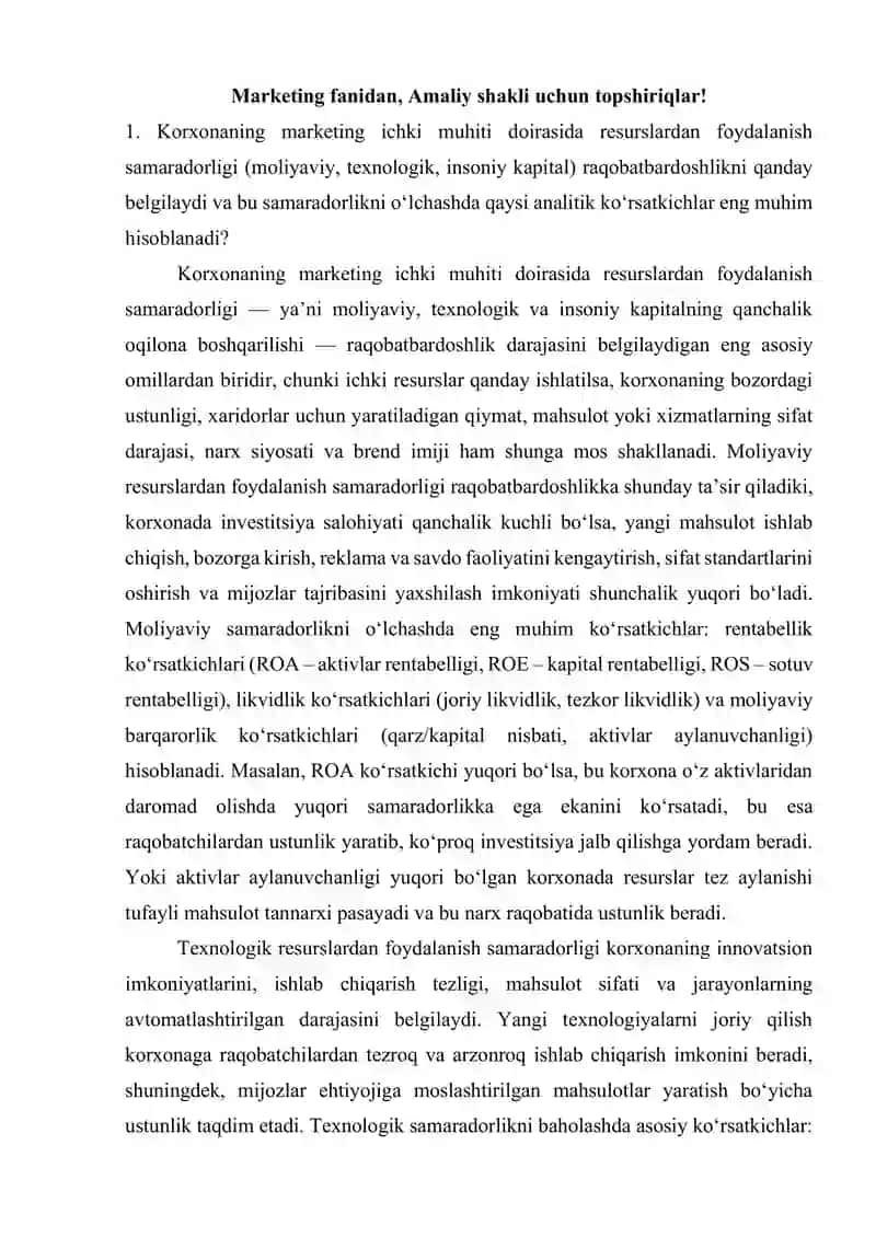 Marketing fanidan, Amaliy shakli uchun topshiriqlar!