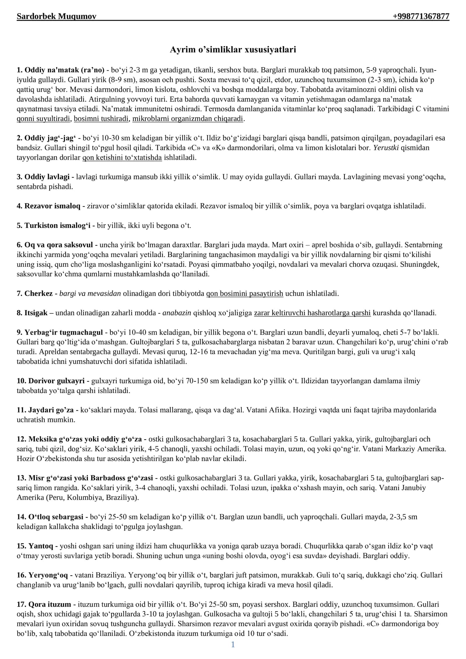 Ayrim o’simliklar xususiyatlari 1