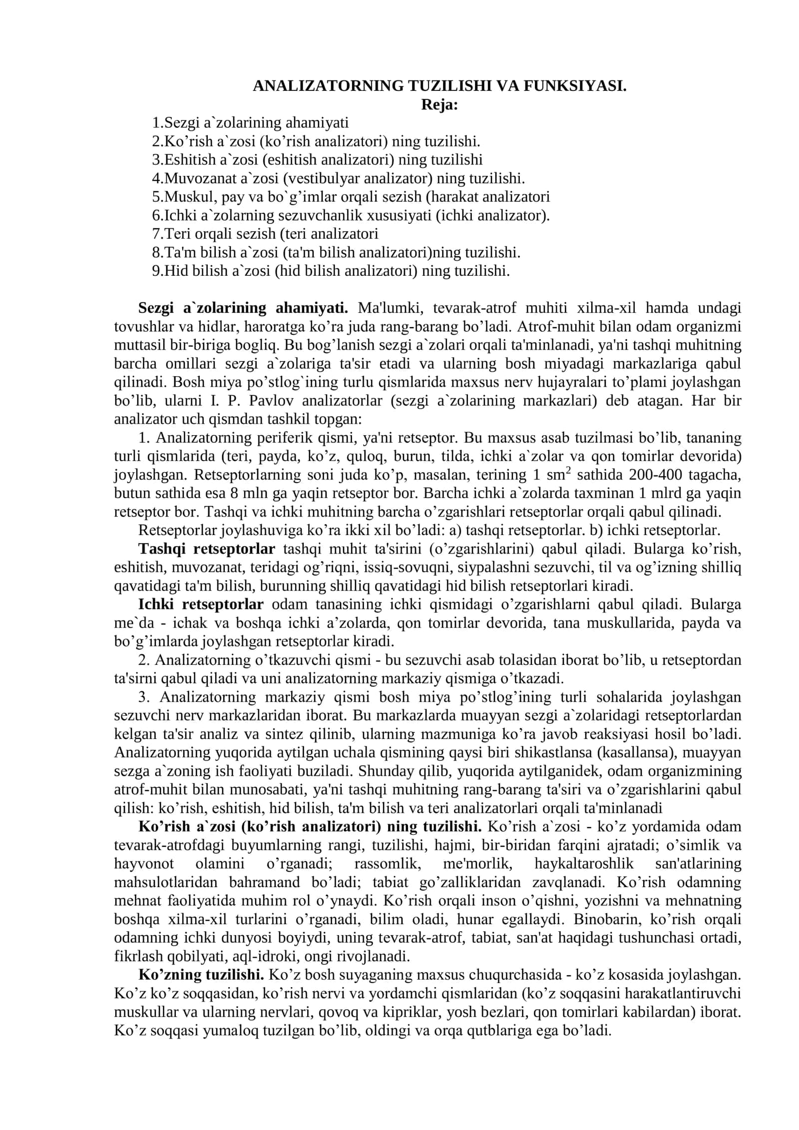 Sеzgi a`zolarining ahamiyati 1