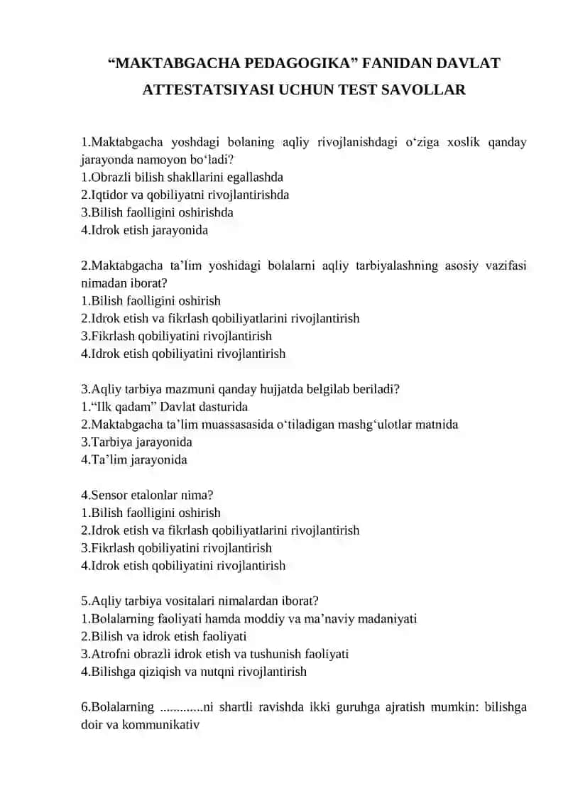 MAKTABGACHA PEDAGOGIKA” FANIDAN DAVLAT ATTESTATSIYASI UCHUN TEST SAVOLLAR
