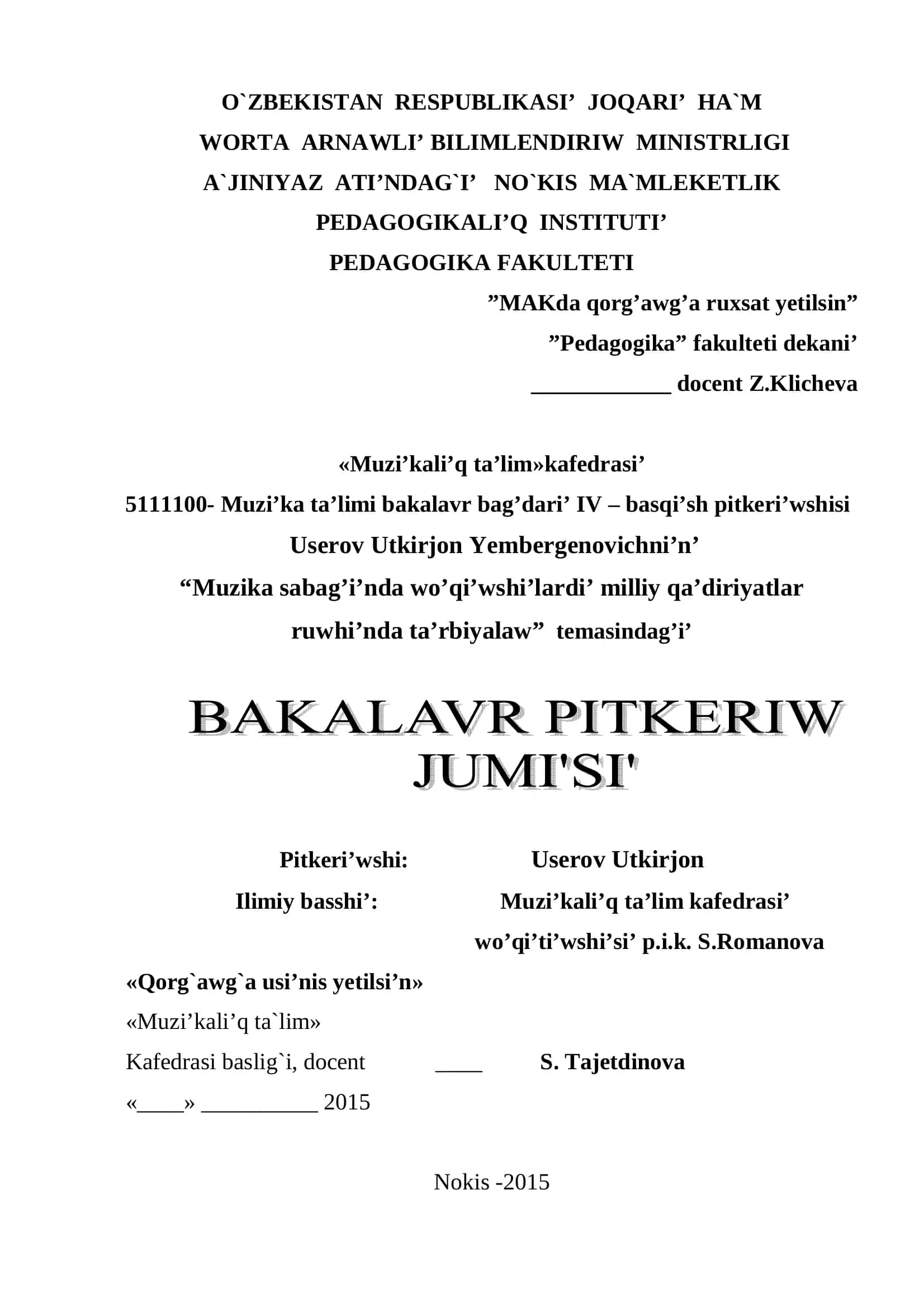 Muzi'ka Ta'limi Bakalavr Bag'dari' IV 1