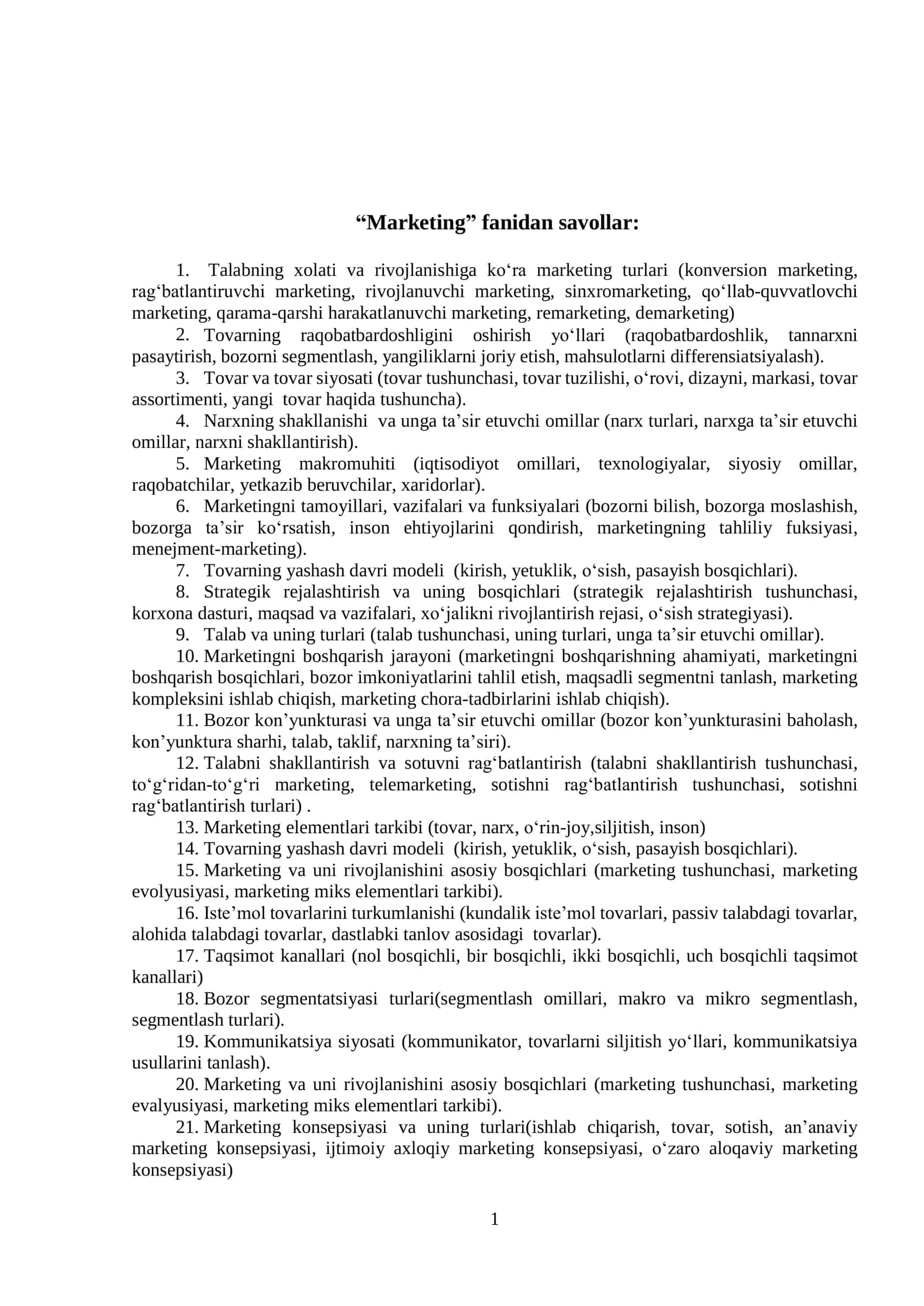“Marketing” fanidan savollar 1