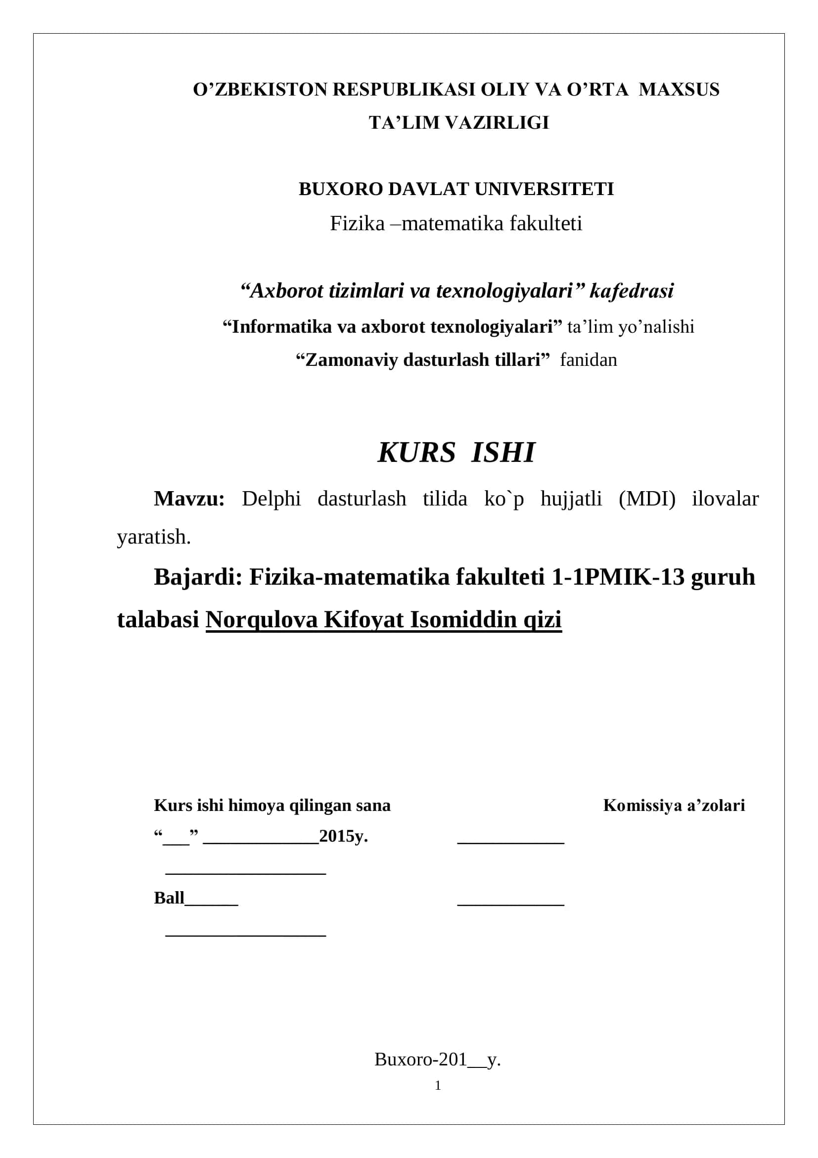 Delphi dasturlash tilida ko`p hujjatli (MDI) ilovalar yaratish 1