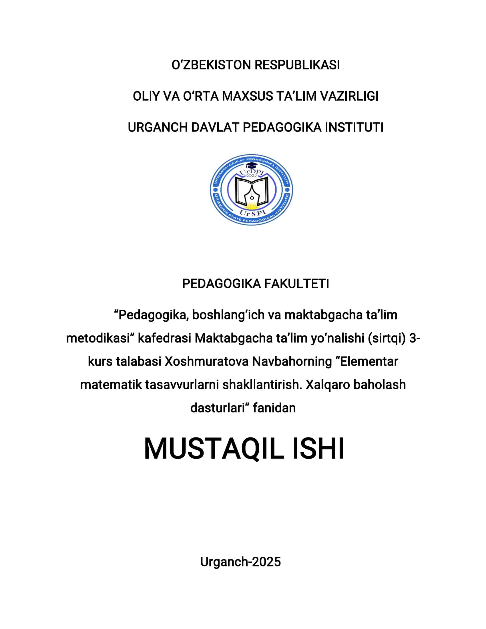 Elementar matematik tasavvurlarni shakllantirish. Xalqaro baholash dasturlari 1