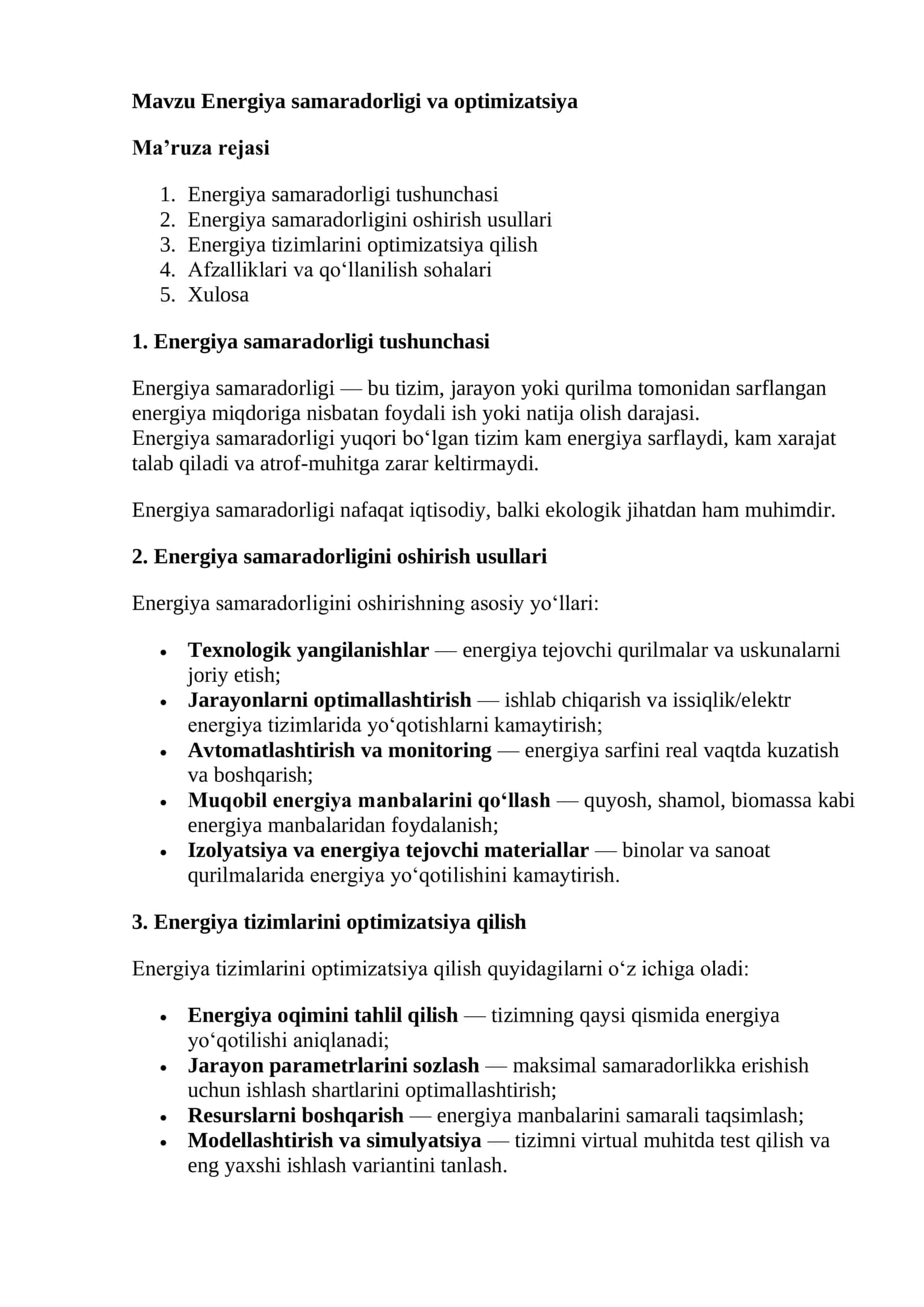 Energiya samaradorligi va optimizatsiya 1
