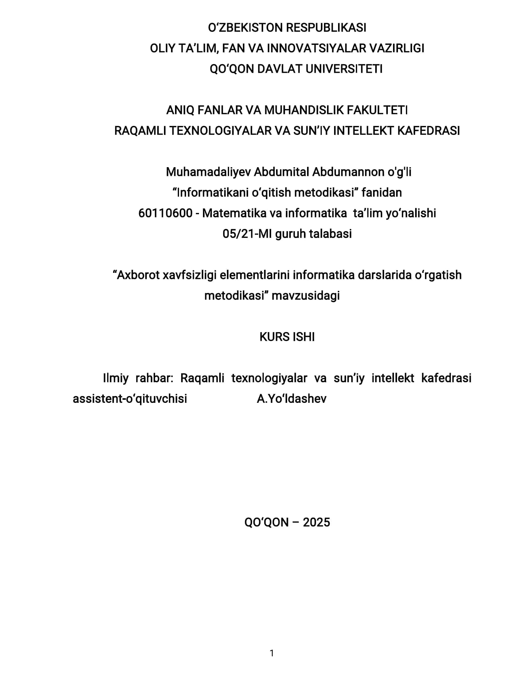 Informatikani o‘qitish metodikasi 1