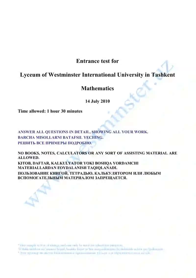 Entrance test for Lyceum of Westminster International University in Tashkent