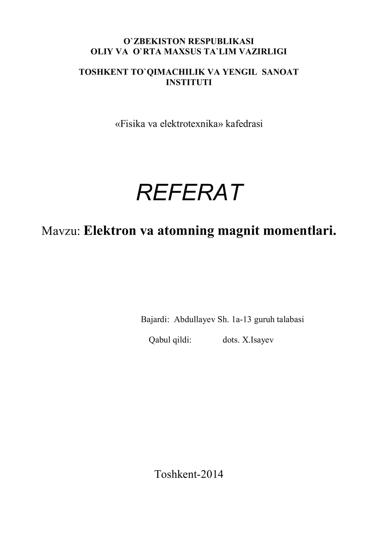 Elеktrоn vа аtоmning mаgnit mоmеntlаri 1