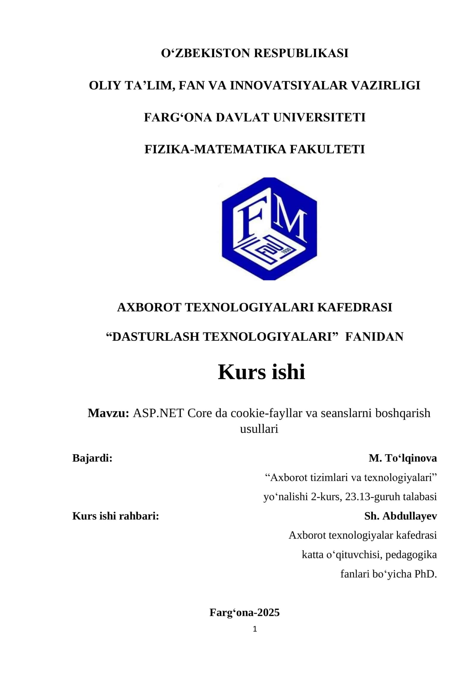 ASP.NET Core da cookie-fayllar va seanslarni boshqarish usullari kurs ishi 1