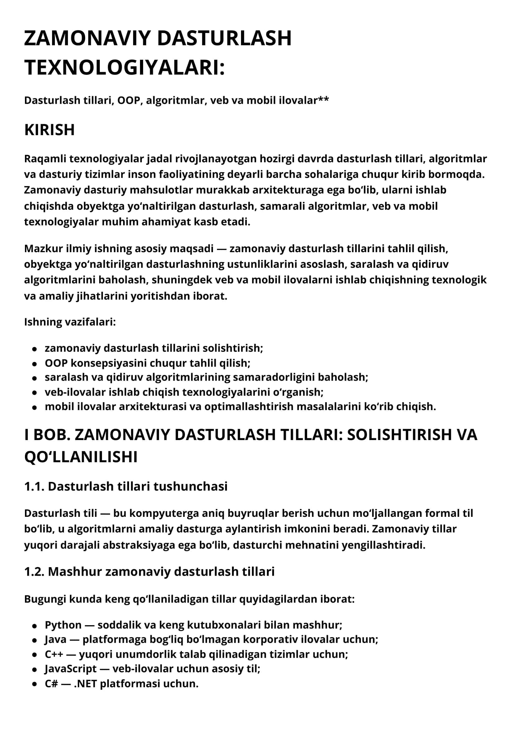 ZAMONAVIY DASTURLASH TEXNOLOGIYALARI 1