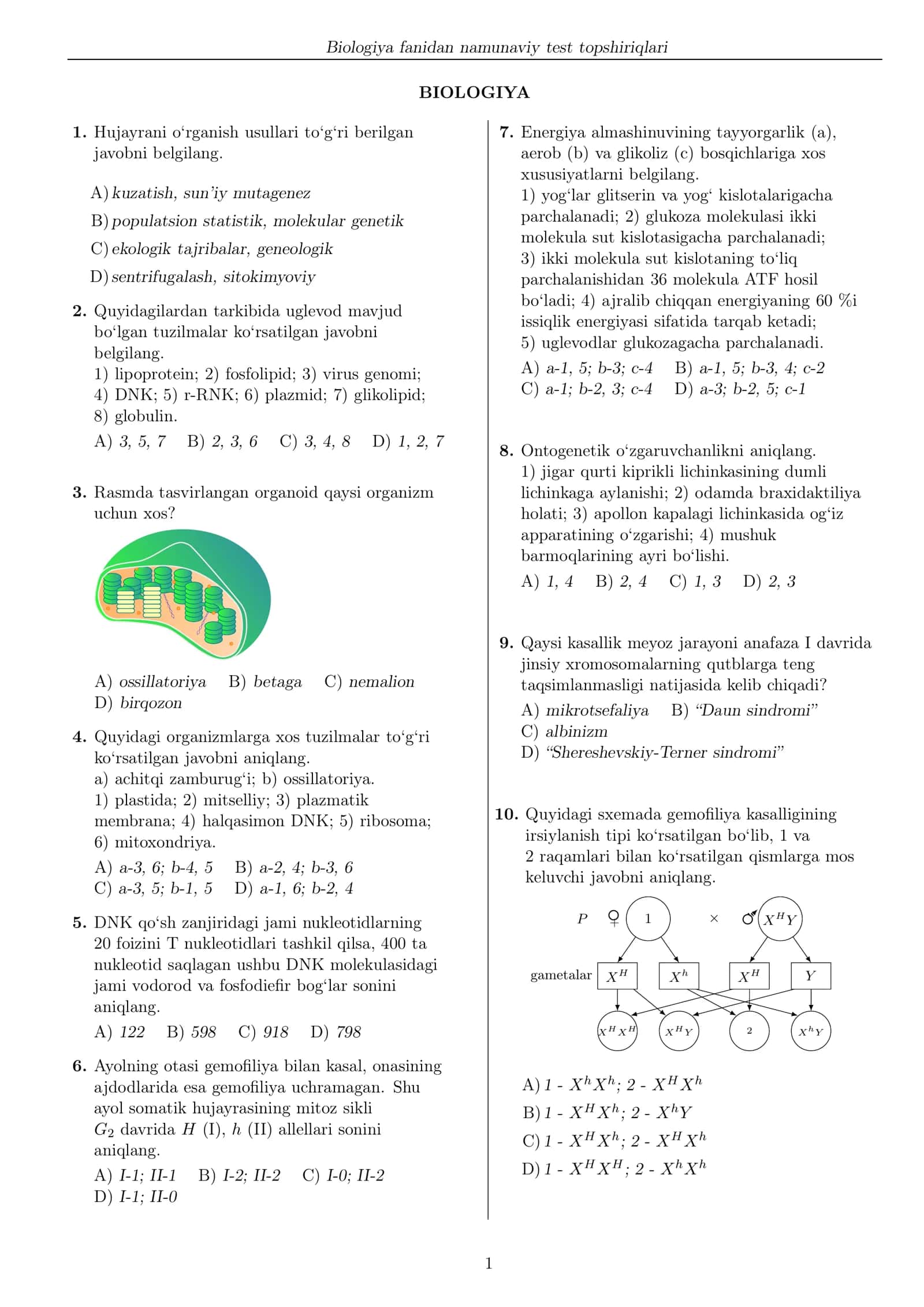 Biologiya fanidan namunaviy test topshiriqlari 1