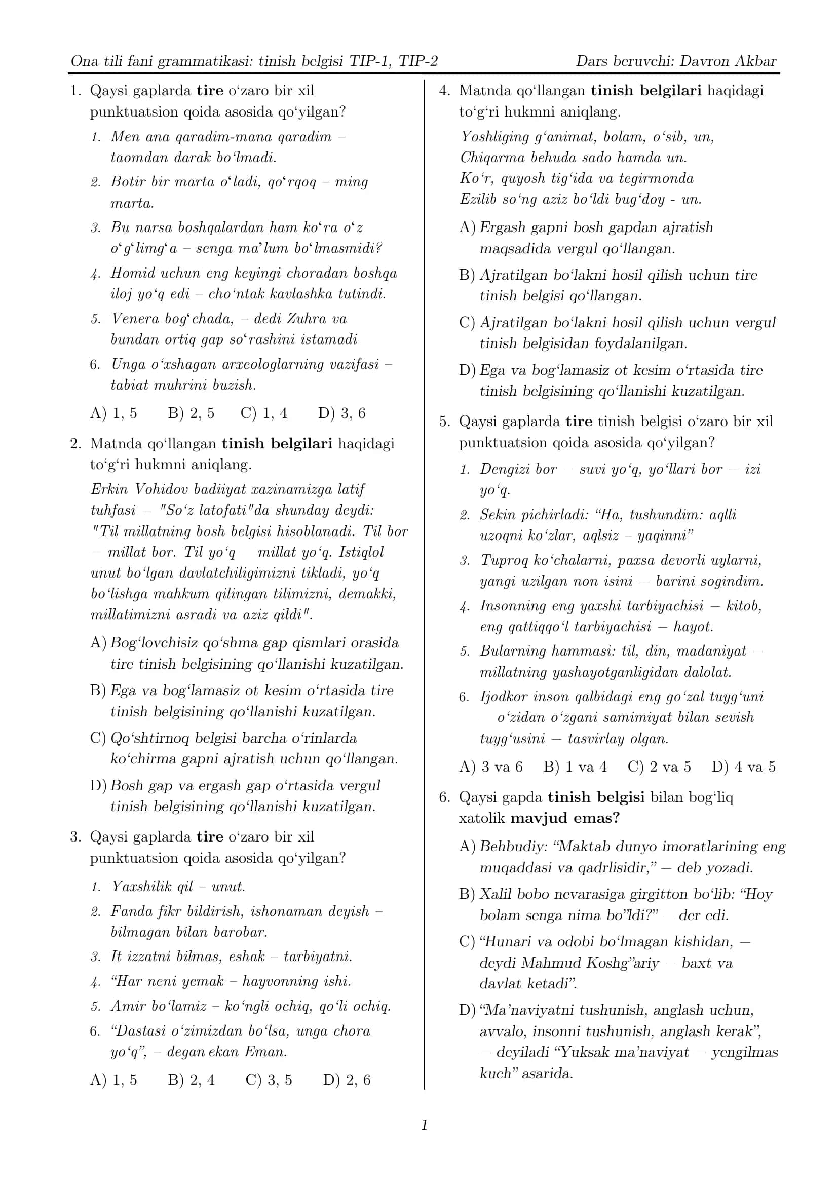 Ona Tili Grammatikasi Avgust imtihoni (tinish belgilari) 1