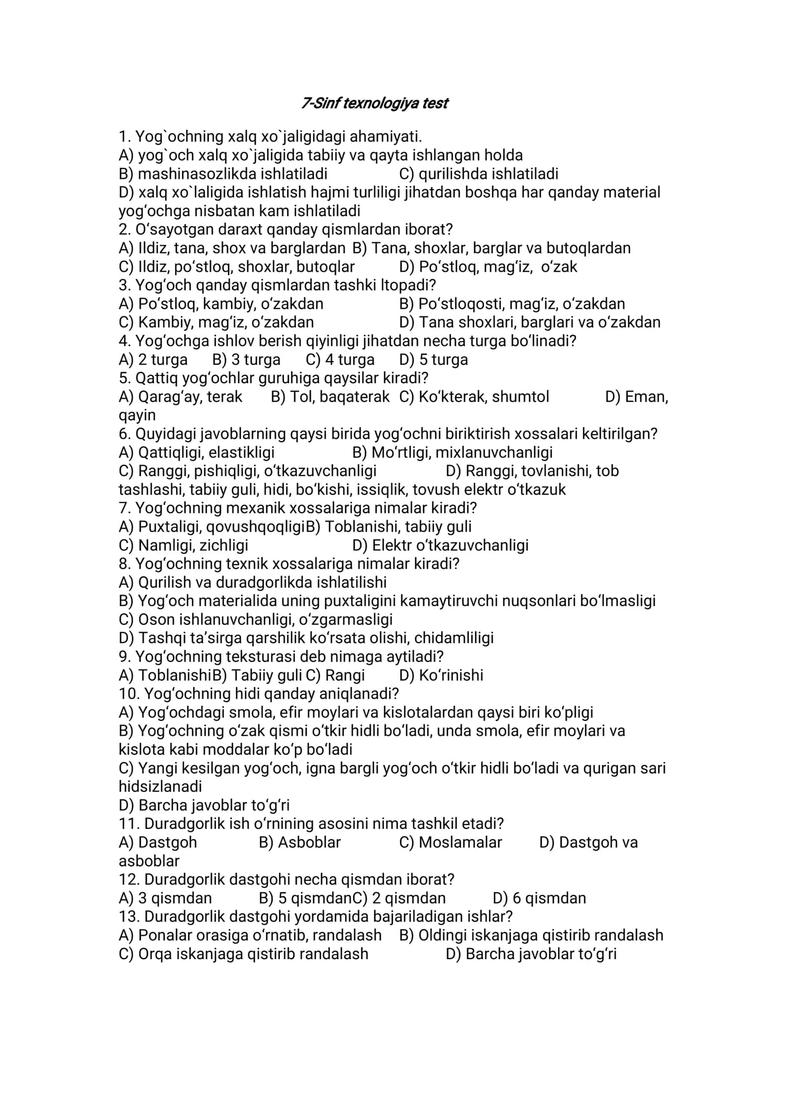 7-Sinf texnologiya  test 1