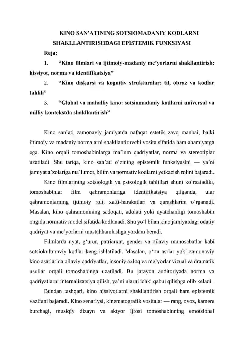 KINO SAN’ATINING SOTSIOMADANIY KODLARNI SHAKLLANTIRISHDAGI EPISTEMIK FUNKSIYASI