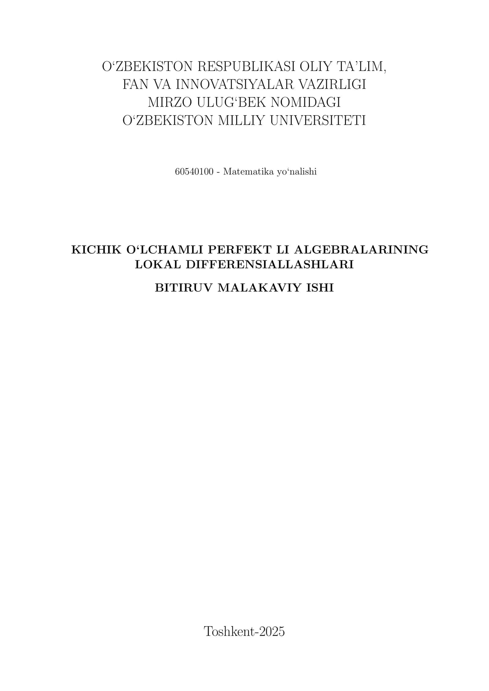 KICHIK O‘LCHAMLI PERFEKT LI ALGEBRALARINING LOKAL DIFFERENSIALLASHLARI 1