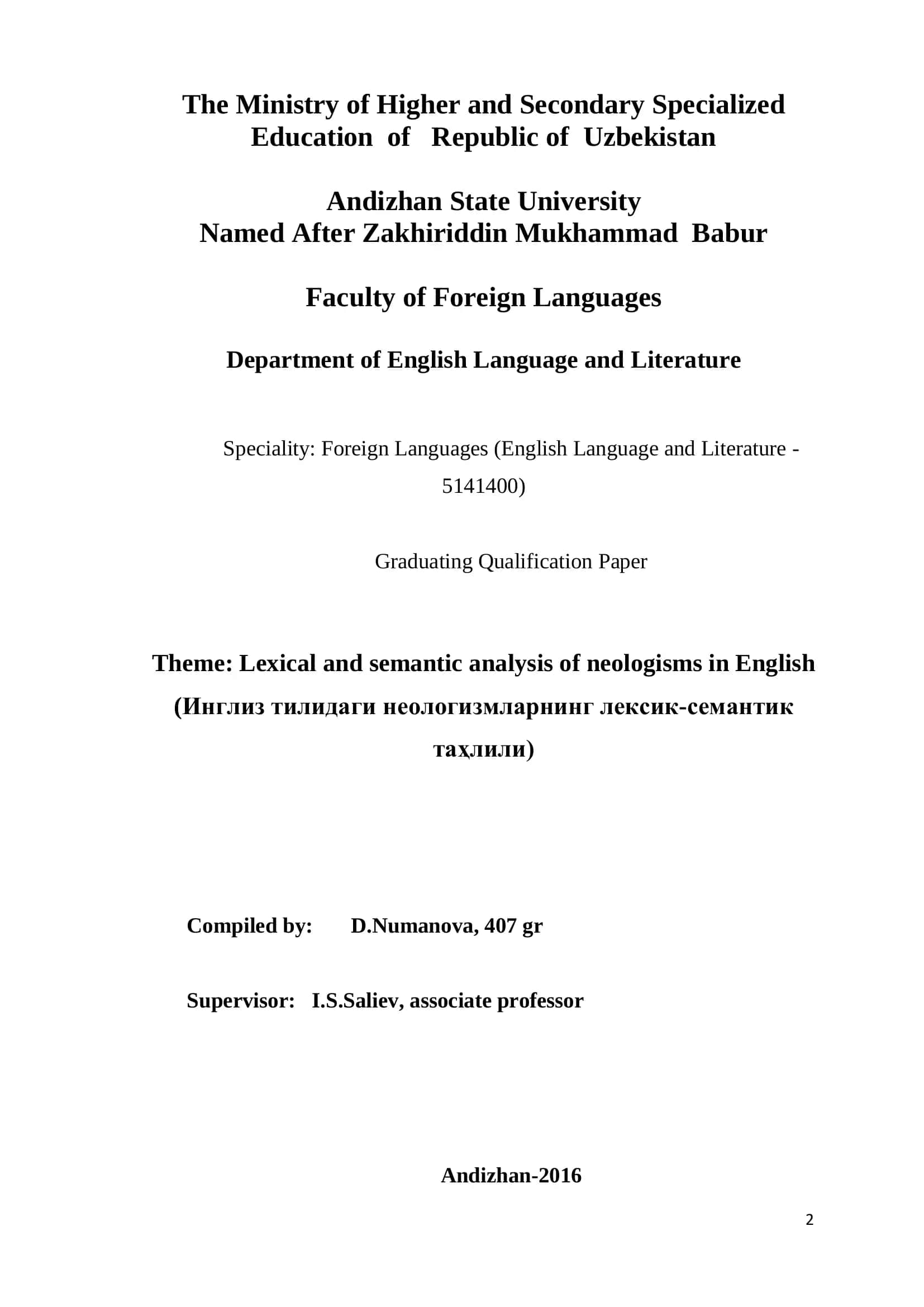 Lexical and semantic analysis of neologisms in English 1