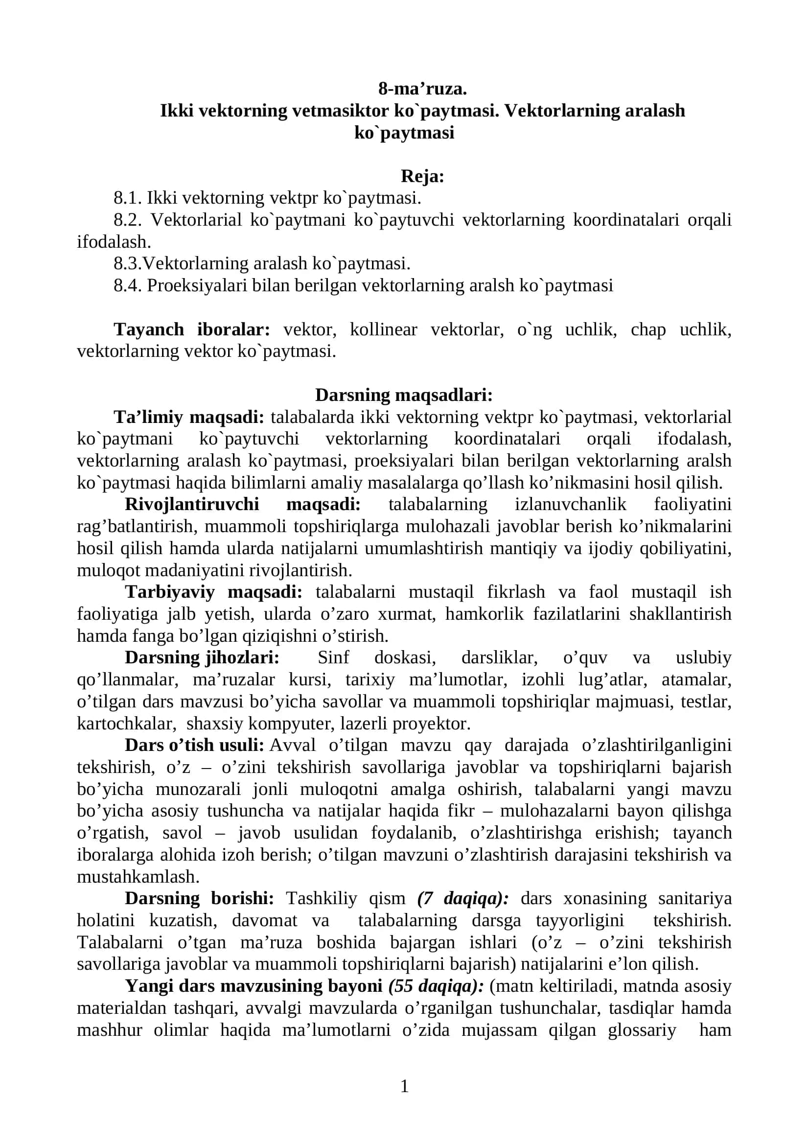Oliy matematika: vektorlarning vektorial va aralash ko‘paytmasi (PDF) 1