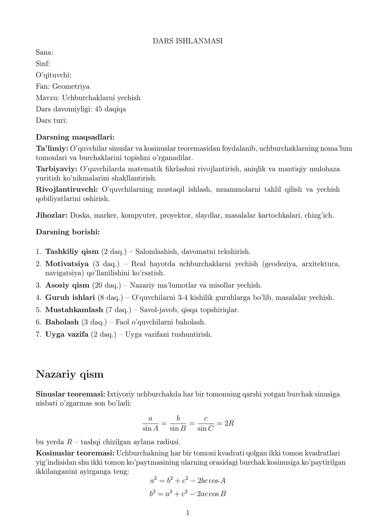 Uchburchaklarni yechish (Dars ishlanmasi) 1