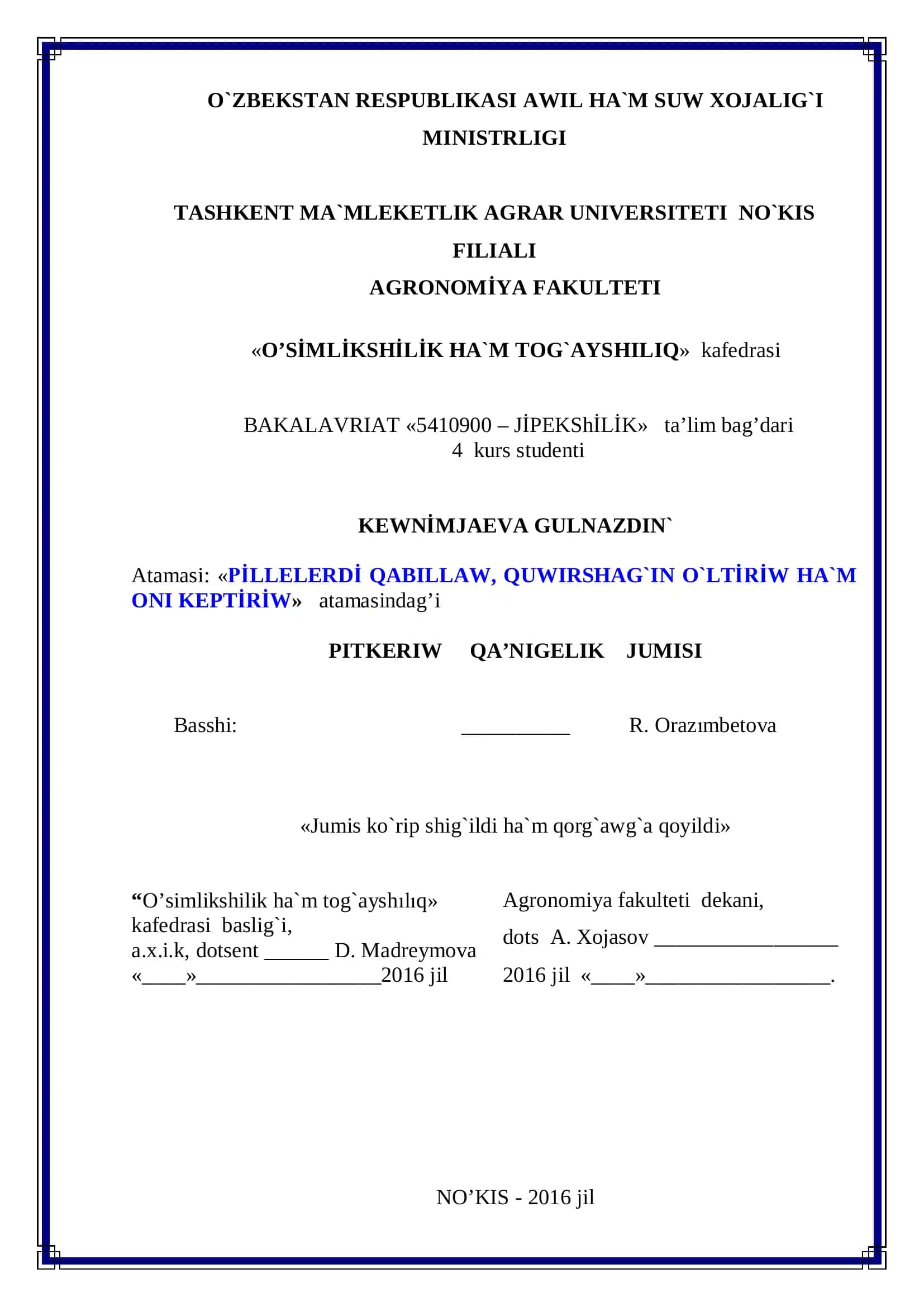 O`SİMLİKSHİLİK HA`M TOG`AYSHILIQ 1
