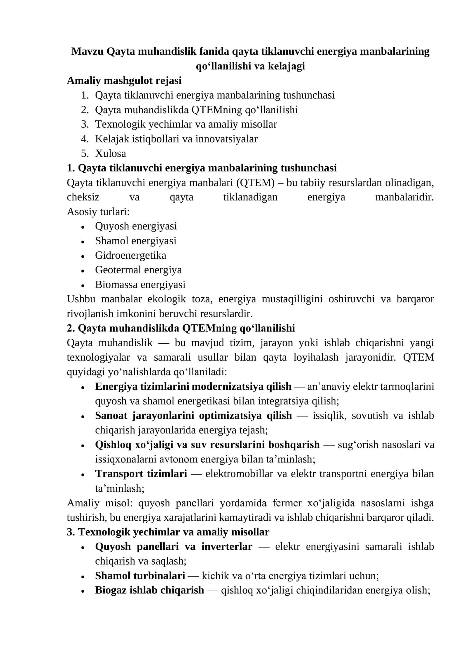 Qayta tiklanuvchi energiya manbalarini o'rganish 1