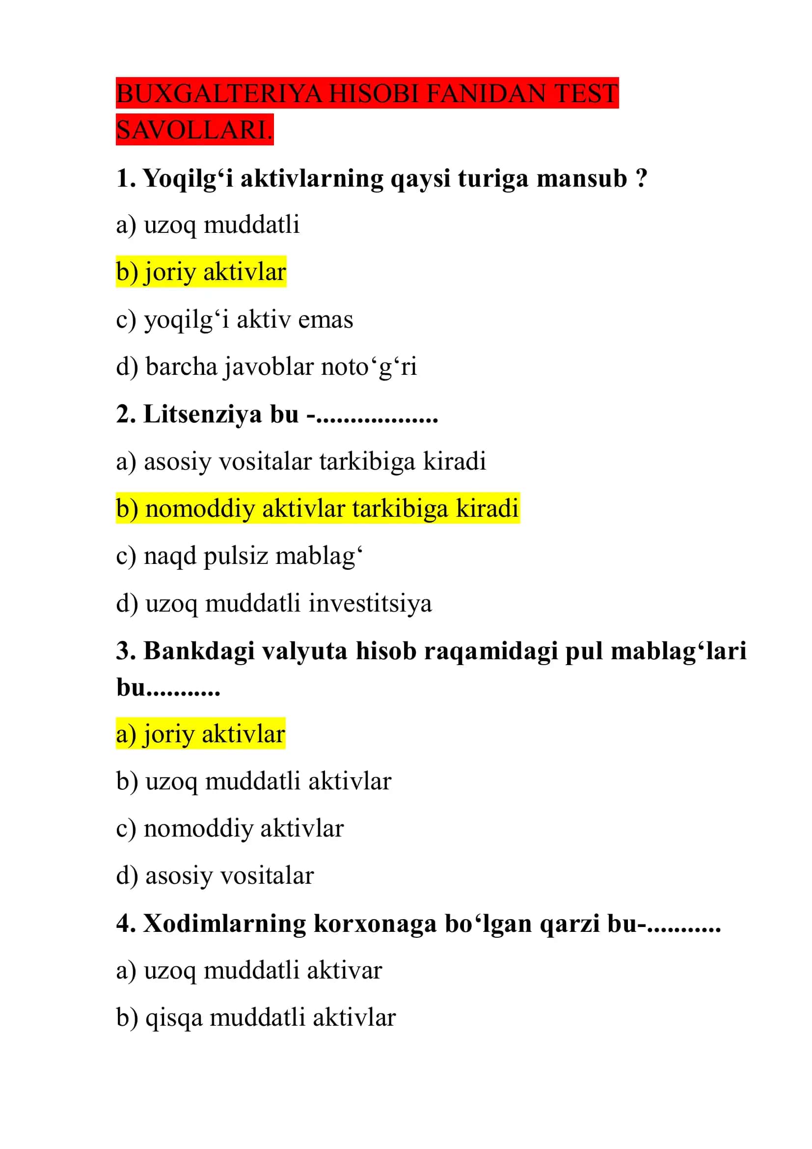 BUXGALTERIYA HISOBI FANIDAN TEST SAVOLLARI 1
