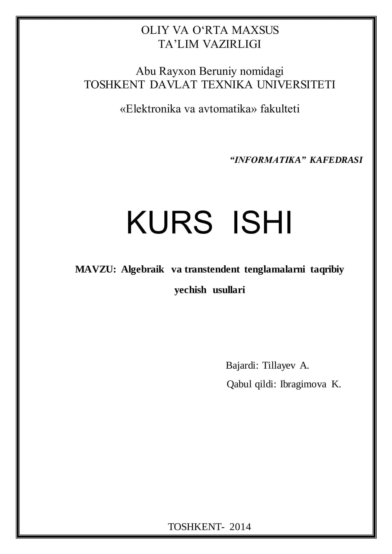Algebraik va transtendent tenglamalarni taqribiy yechish usullari 1