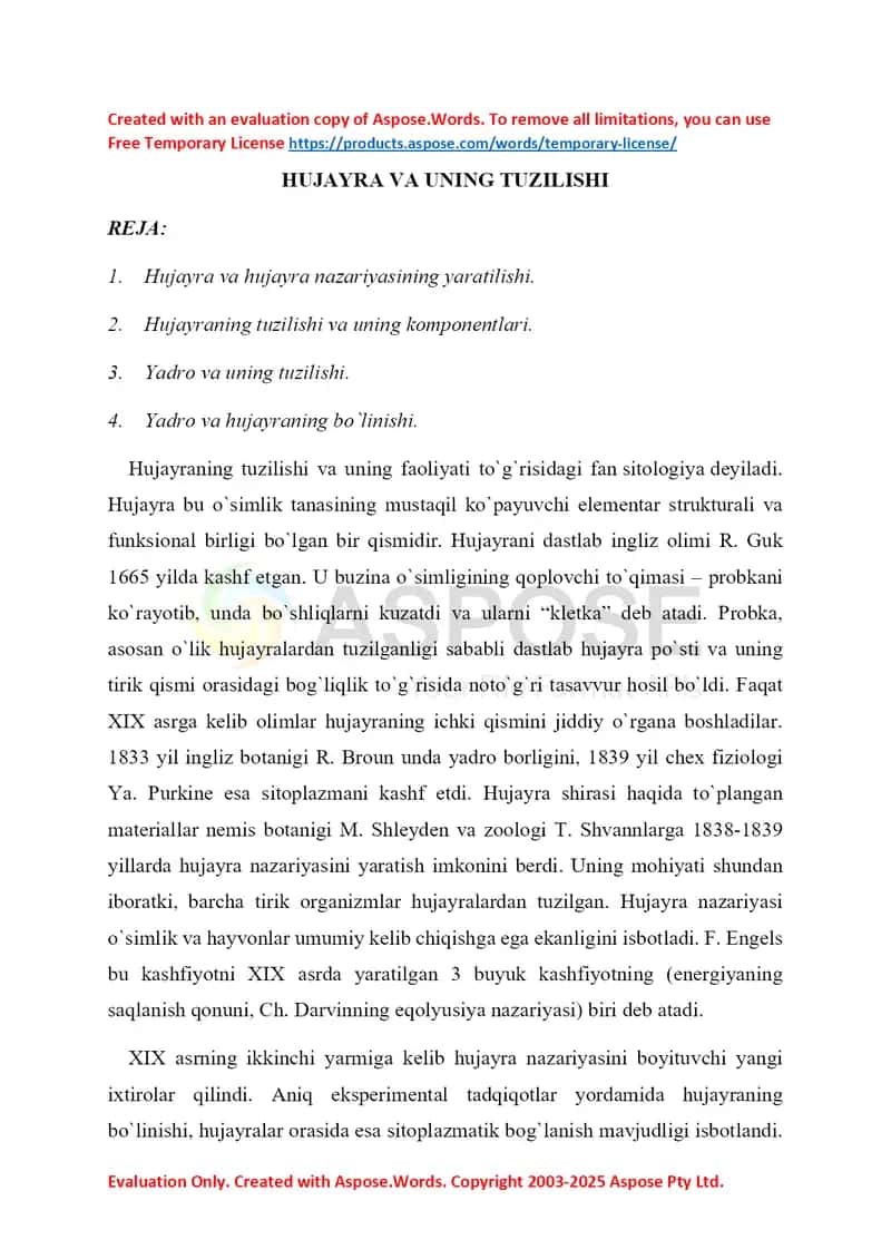 Hujayra va uning tuzilishi 1
