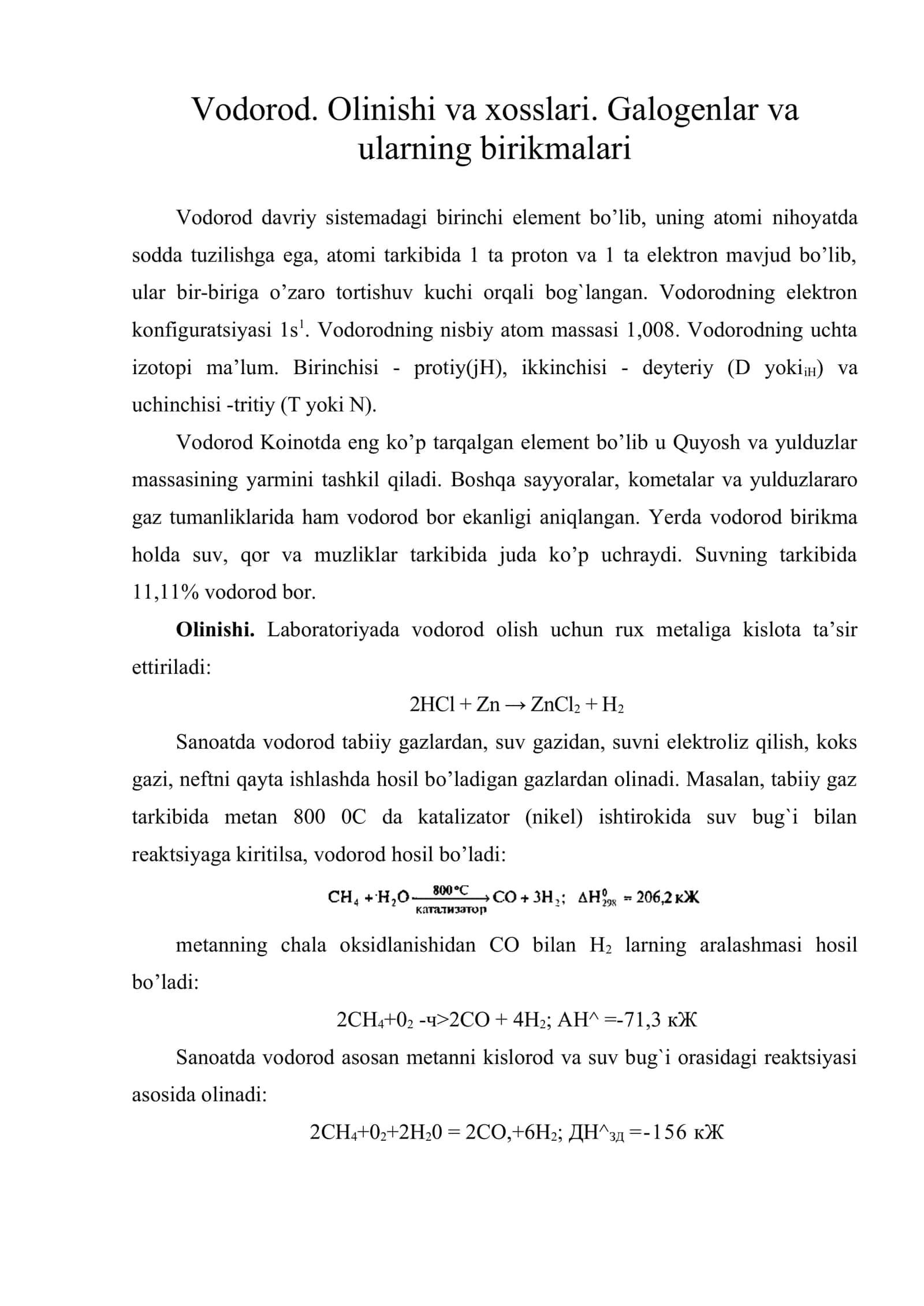 Vodorod. Olinishi va xosslari. Galogenlar va ularning birikmalari 1
