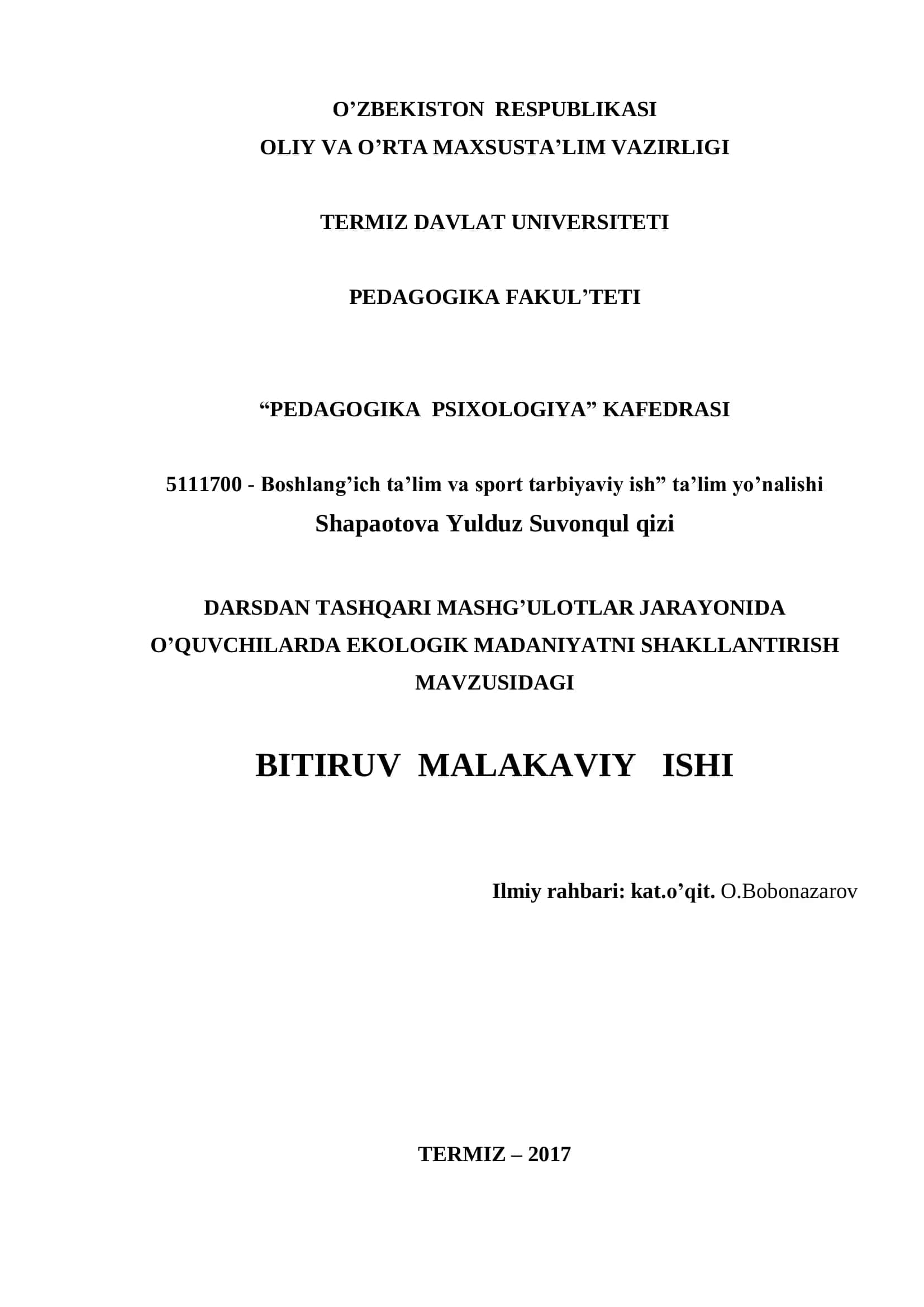 MAVZUSIDAGI BITIRUV MALAKAVIY ISHI 1