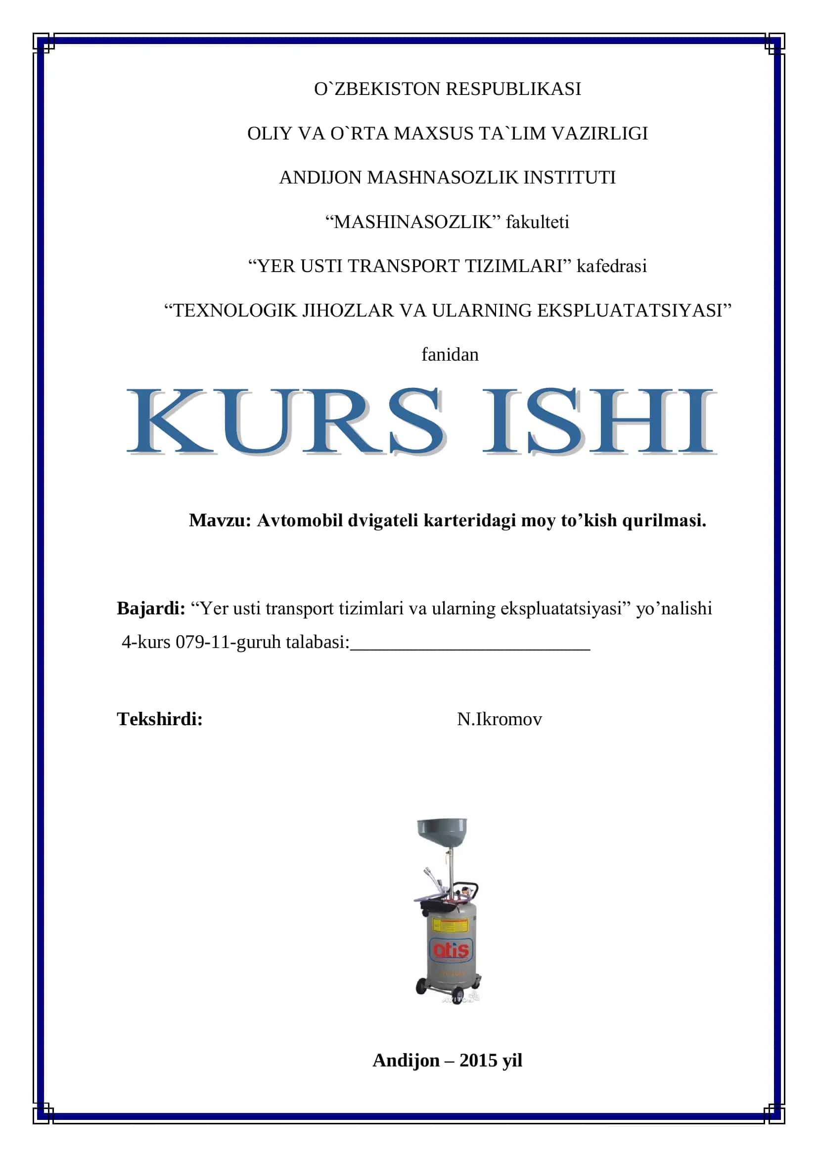 Avtomobil dvigateli karteridagi moy to’kish qurilmasi 1