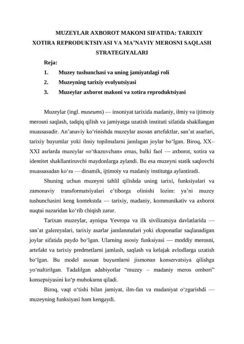 MUZEYLAR AXBOROT MAKONI SIFATIDA: TARIXIY XOTIRA REPRODUKTSIYASI VA MA’NAVIY MEROSNI SAQLASH STRATEGIYALARI