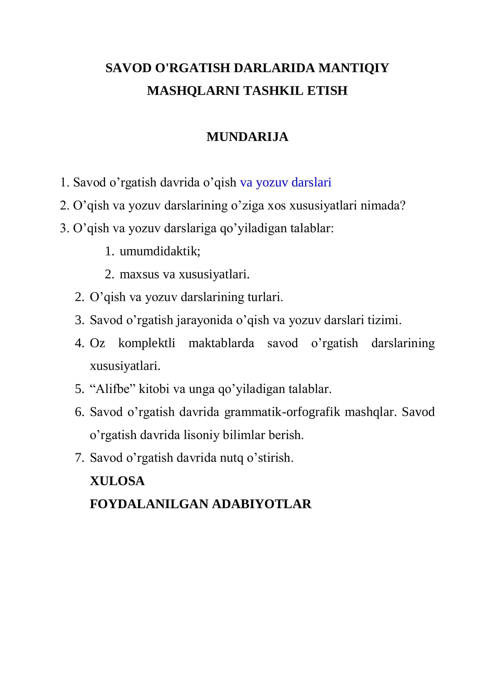 Savod o'rgatish darlarida mantiqiy 1