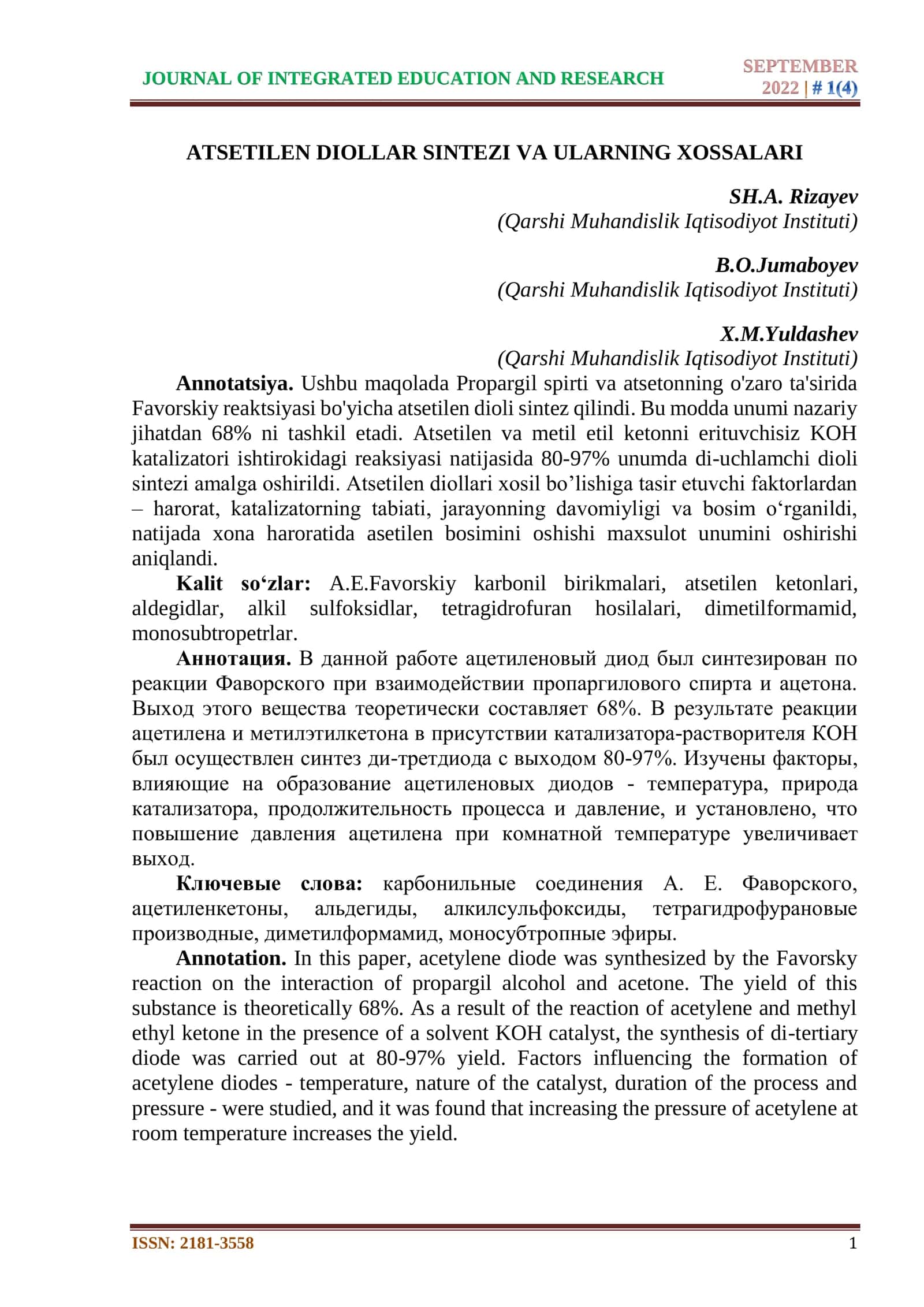ATSETILEN DIOLLAR SINTEZI VA ULARNING XOSSALARI 1