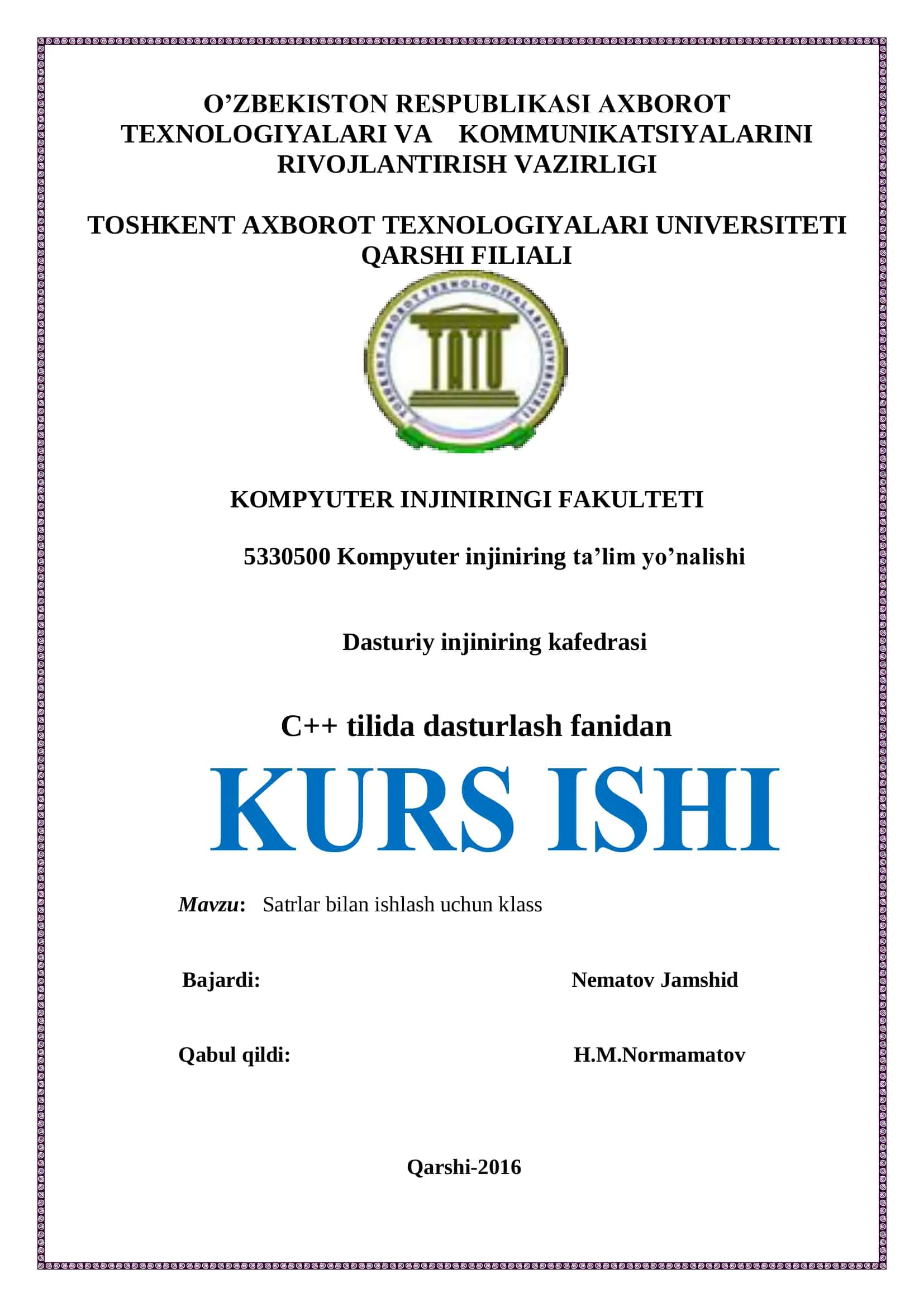 Satrlar bilan ishlash uchun klass 1