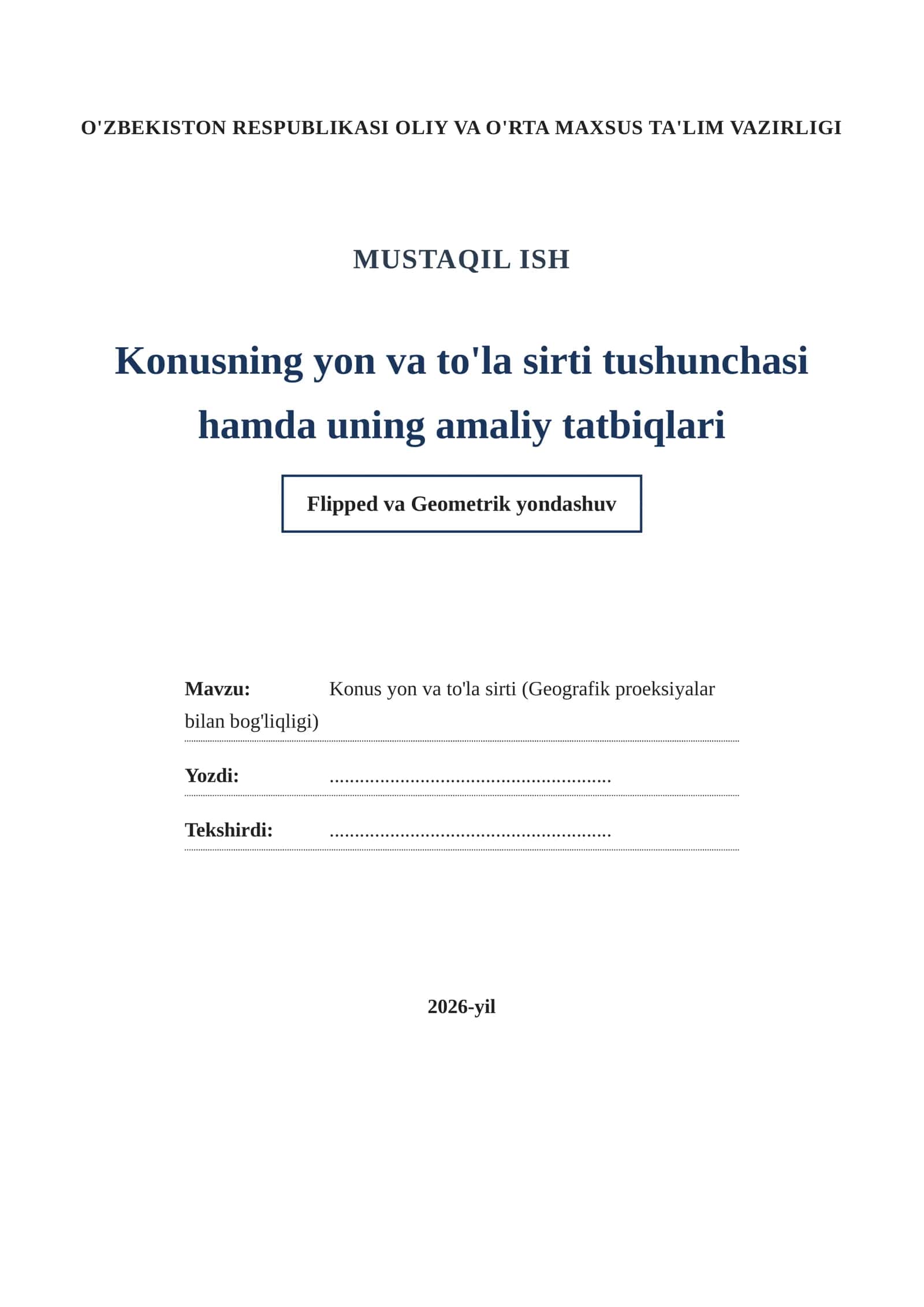 Konus yon va to'la sirti (Geografik proeksiyalar bilan bog'liqligi) 1