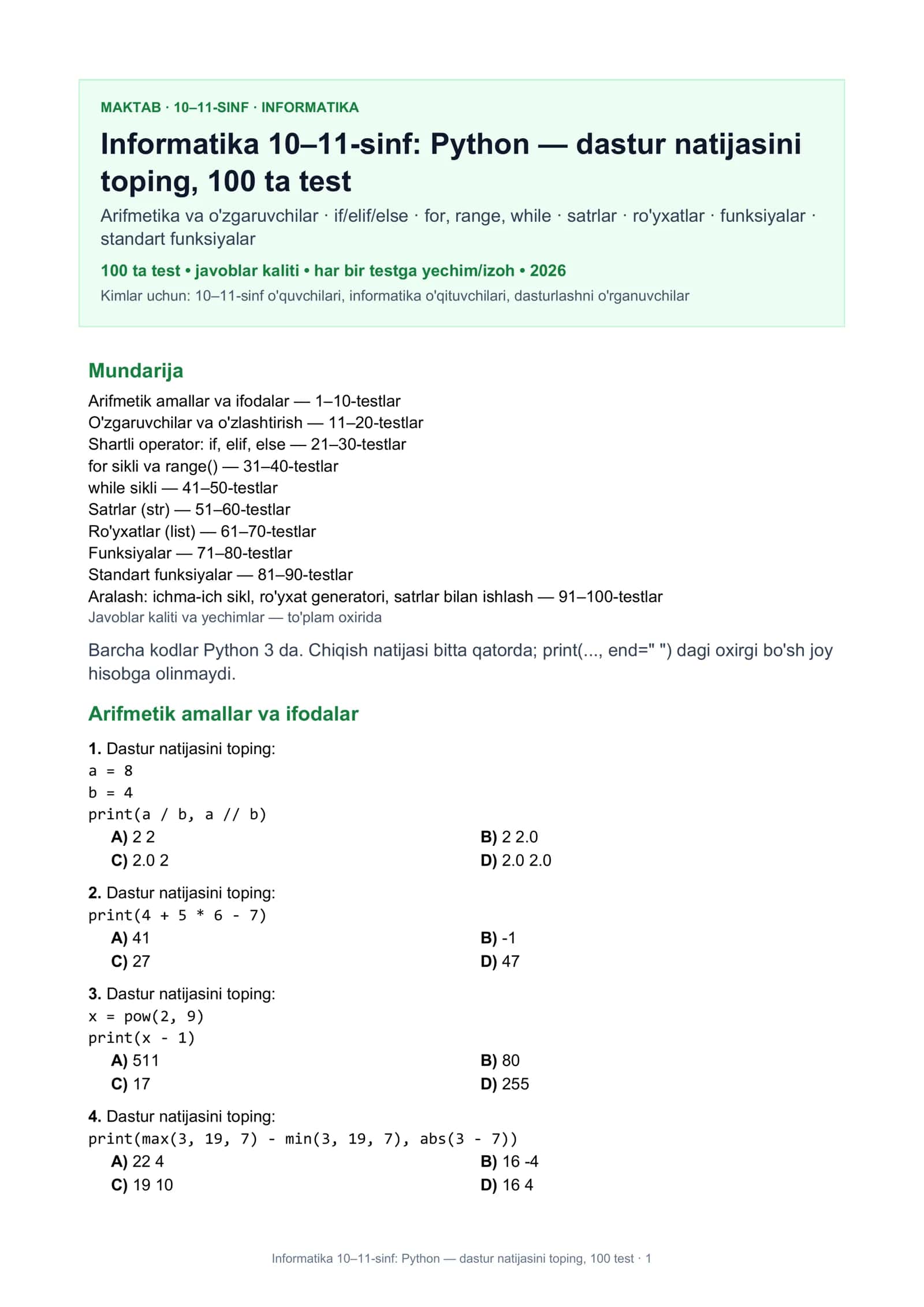Informatika 10–11-sinf: Python — dastur natijasini toping, 100 test 1
