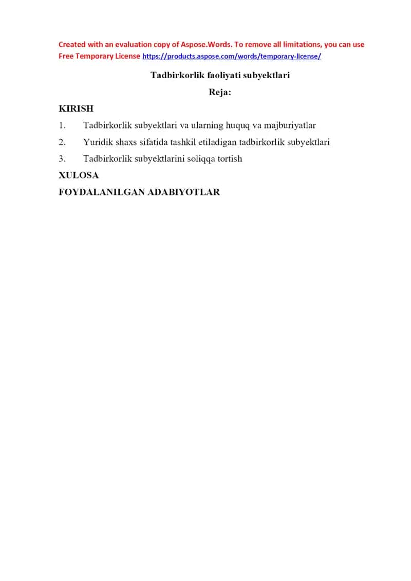 Tadbirkorlik faoliyati subyektlari taqdimoti 1