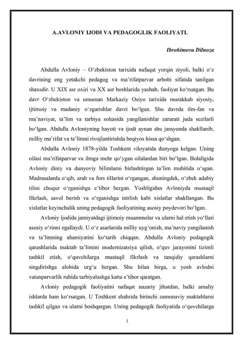 A.AVLONIY IJODI VA PEDAGOGLIK FAOLIYATI